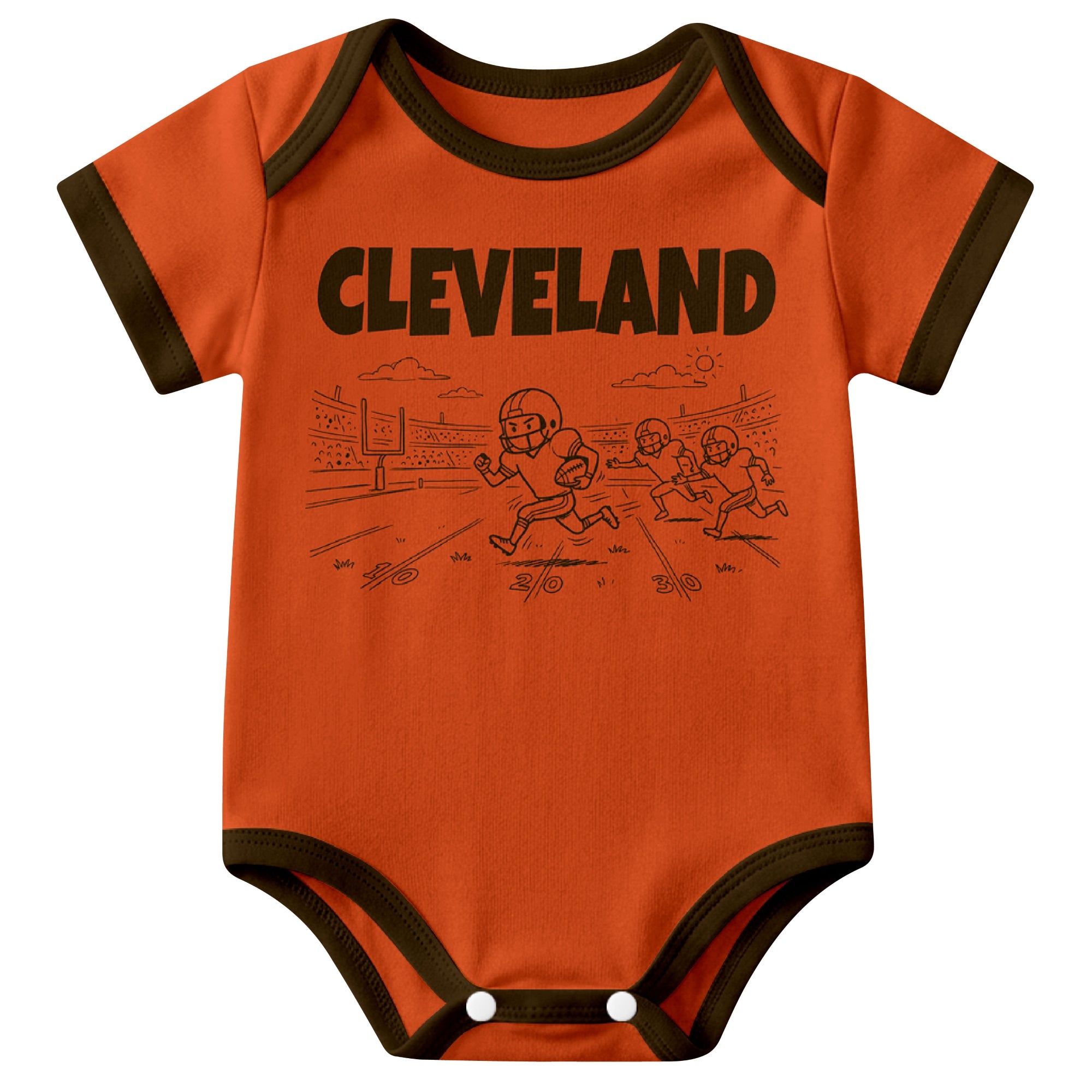 Cleveland Orange baby football bodysuit front view with city lettering and football field action graphic