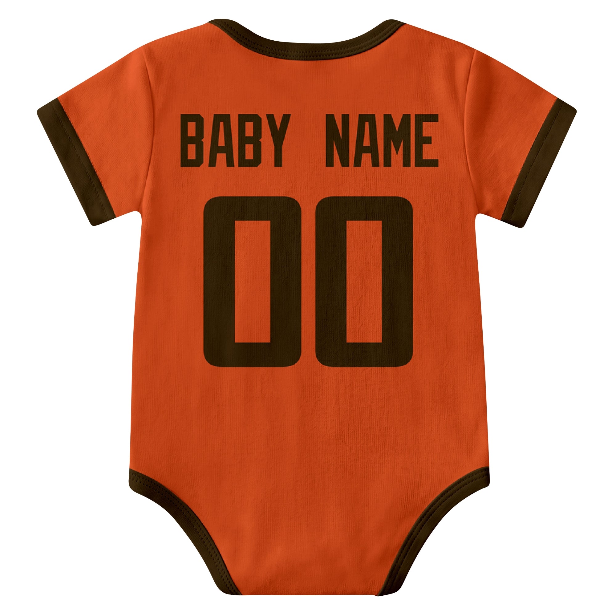 Cleveland Orange personalized baby football bodysuit back view with custom baby name and jersey number