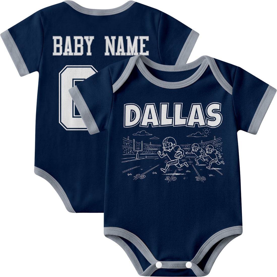 Dallas personalized baby football bodysuit in Navy showing front field action scene and back custom baby name and number