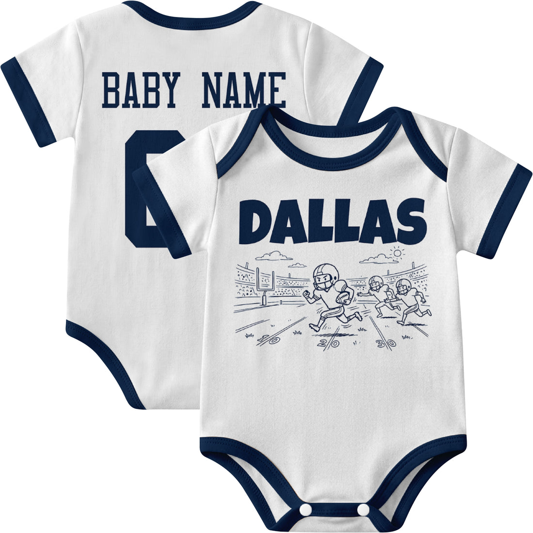 Dallas personalized baby football bodysuit in Navy showing front field action scene and back custom baby name and number