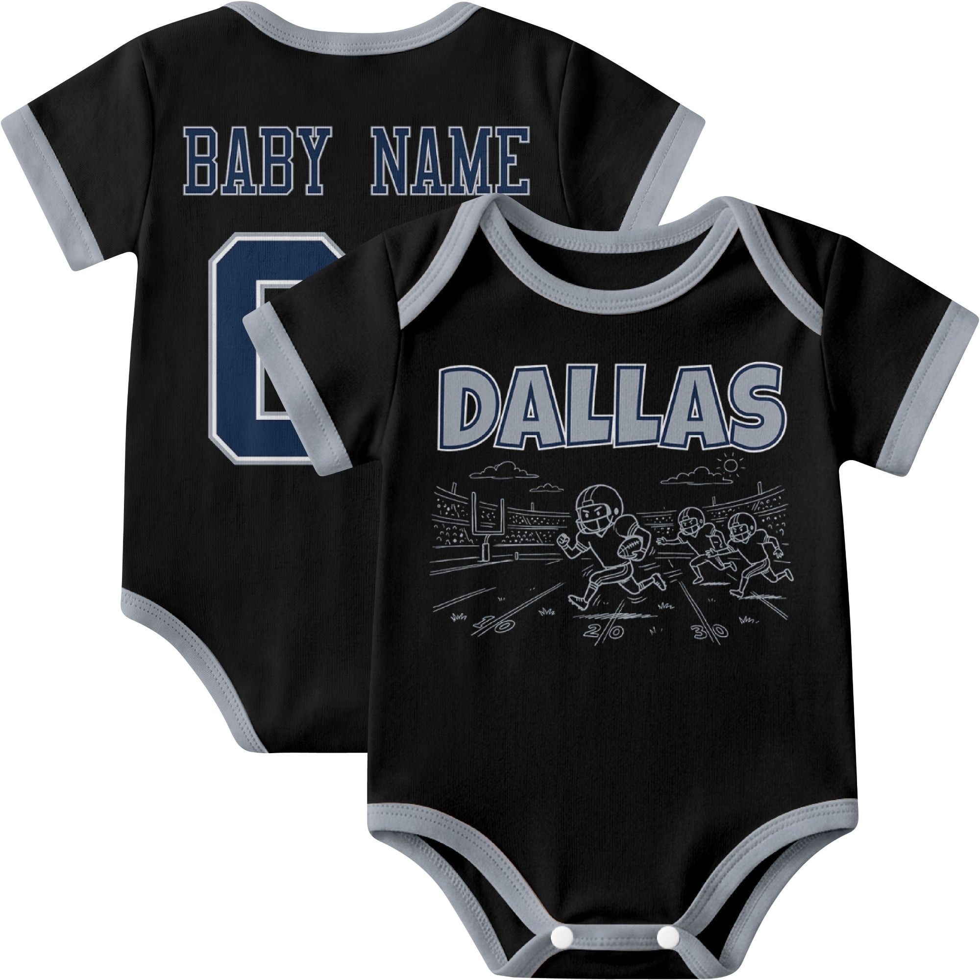 Dallas personalized baby football bodysuit in Black showing front field action scene and back custom baby name and number