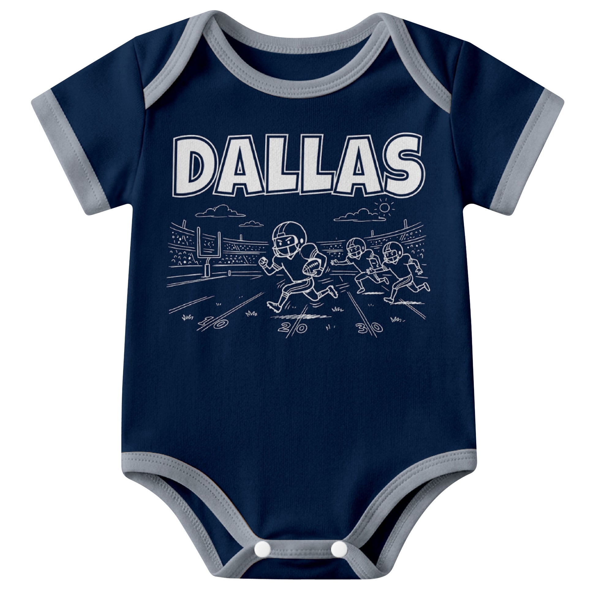 Dallas Navy baby football bodysuit front view with city lettering and football field action graphic