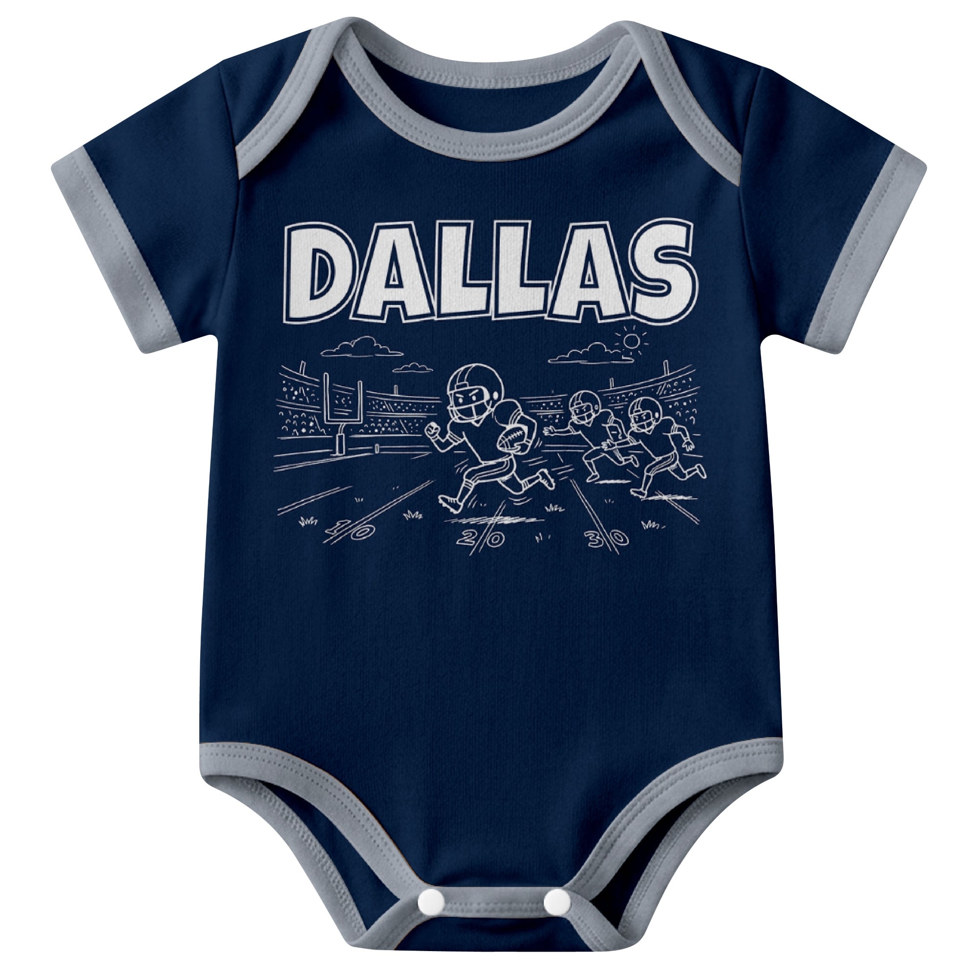 Dallas Navy baby football bodysuit front view with city lettering and football field action graphic