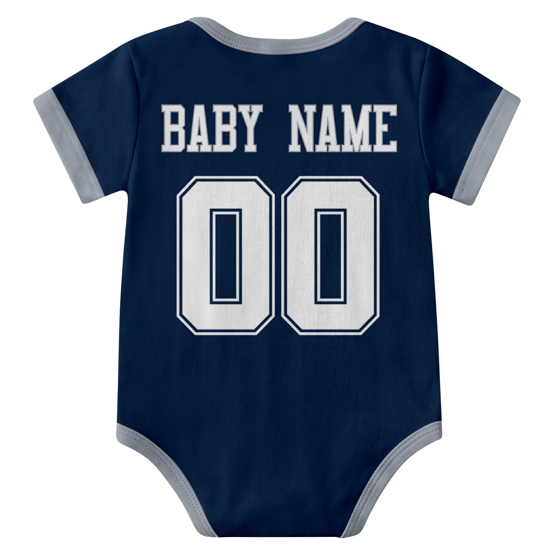 Dallas Navy personalized baby football bodysuit back view with custom baby name and jersey number