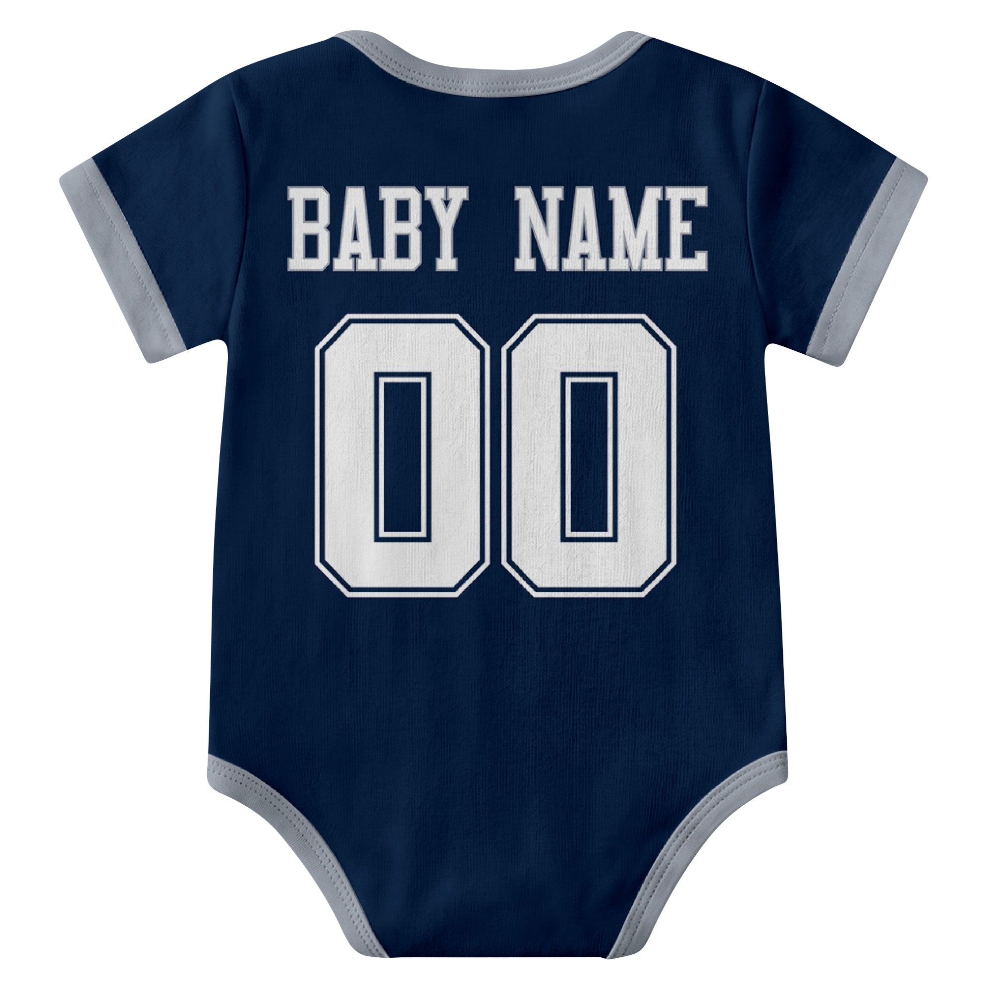 Dallas Navy personalized baby football bodysuit back view with custom baby name and jersey number