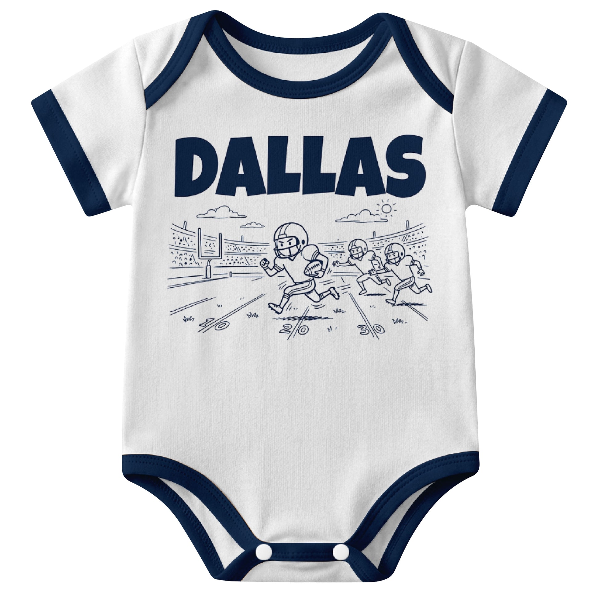 Dallas White baby football bodysuit front view with city lettering and football field action graphic