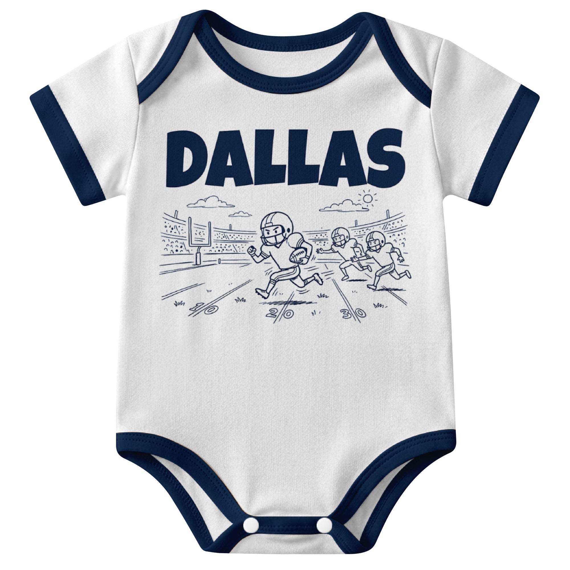 Dallas White baby football bodysuit front view with city lettering and football field action graphic