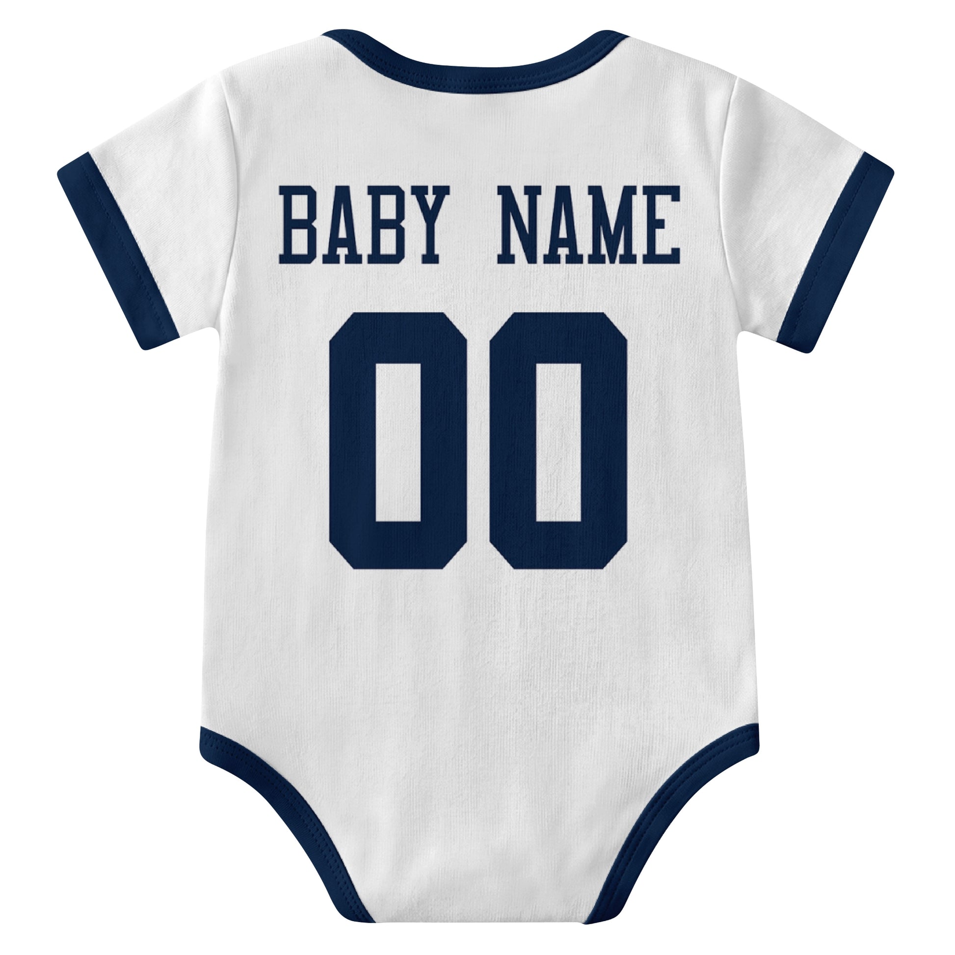 Dallas White personalized baby football bodysuit back view with custom baby name and jersey number