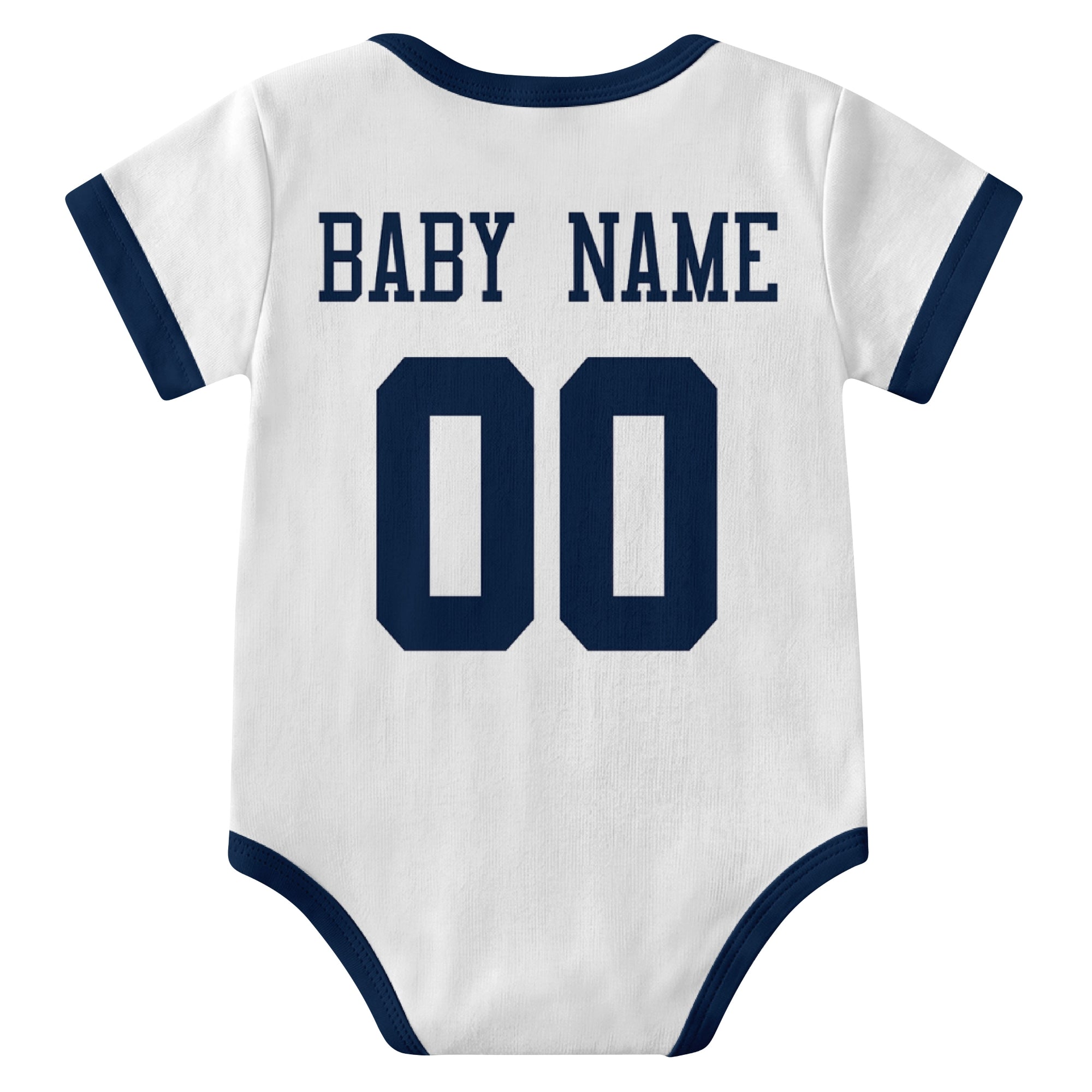 Dallas White personalized baby football bodysuit back view with custom baby name and jersey number