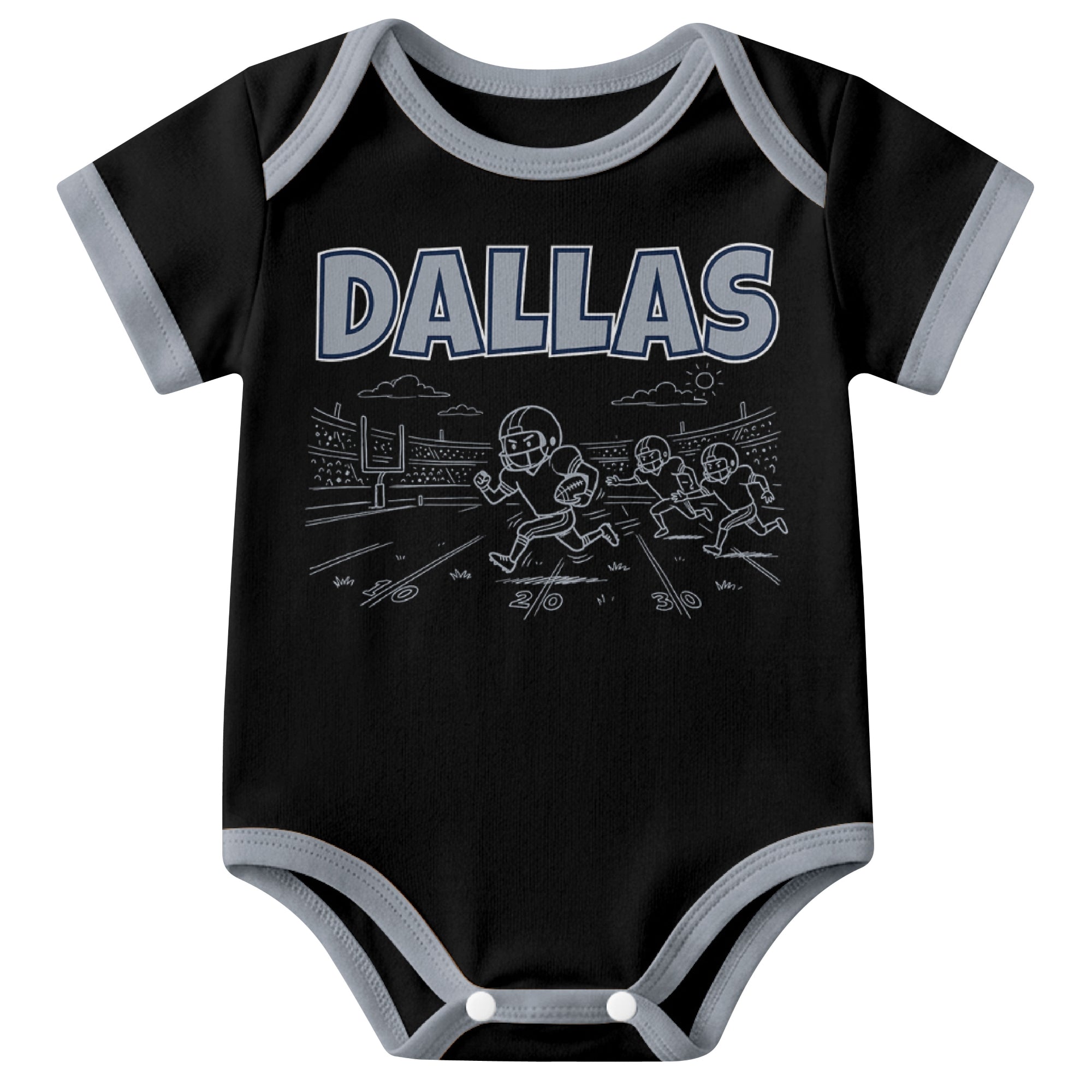 Dallas Black baby football bodysuit front view with city lettering and football field action graphic