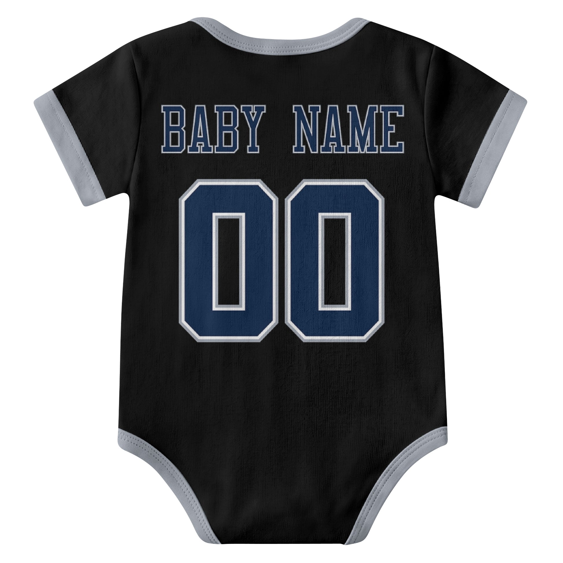 Dallas Black personalized baby football bodysuit back view with custom baby name and jersey number