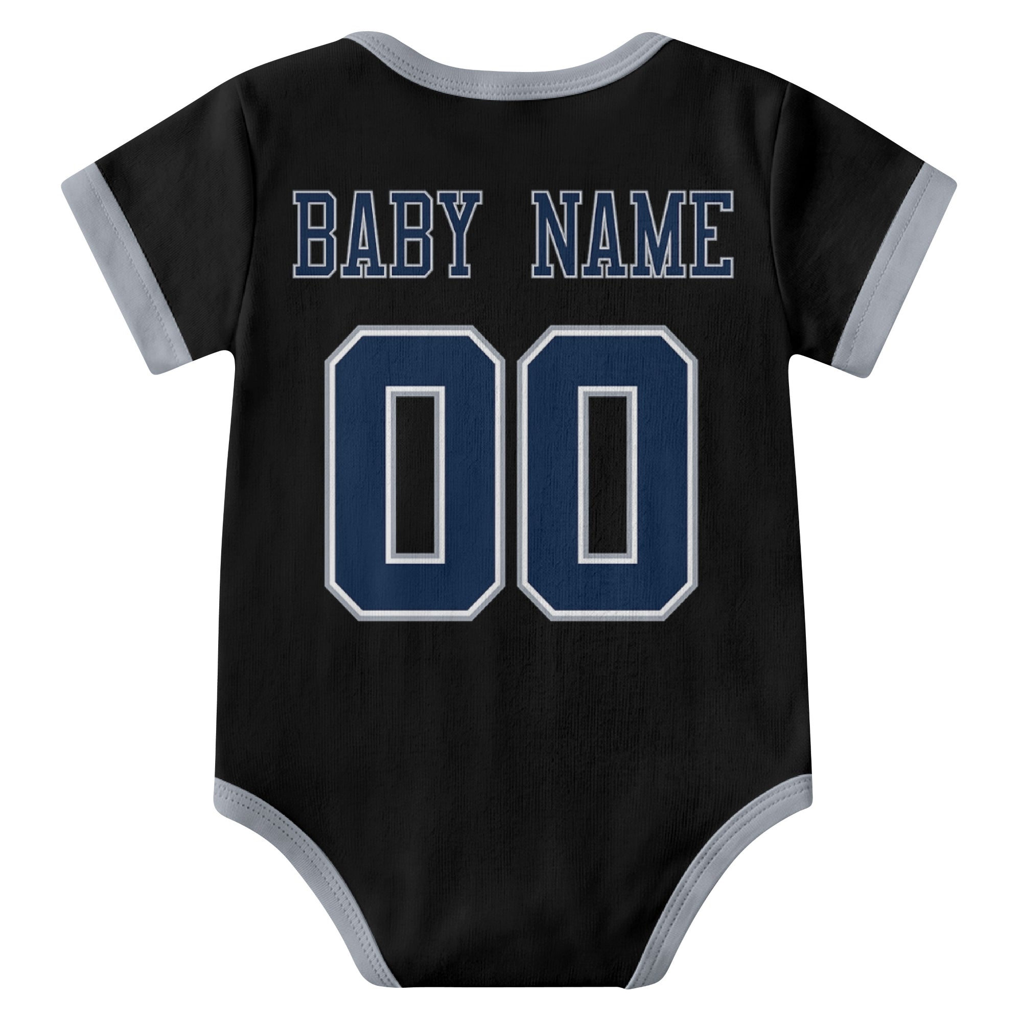 Dallas Black personalized baby football bodysuit back view with custom baby name and jersey number