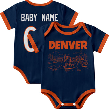 Denver personalized baby football bodysuit in Navy showing front field action scene and back custom baby name and number