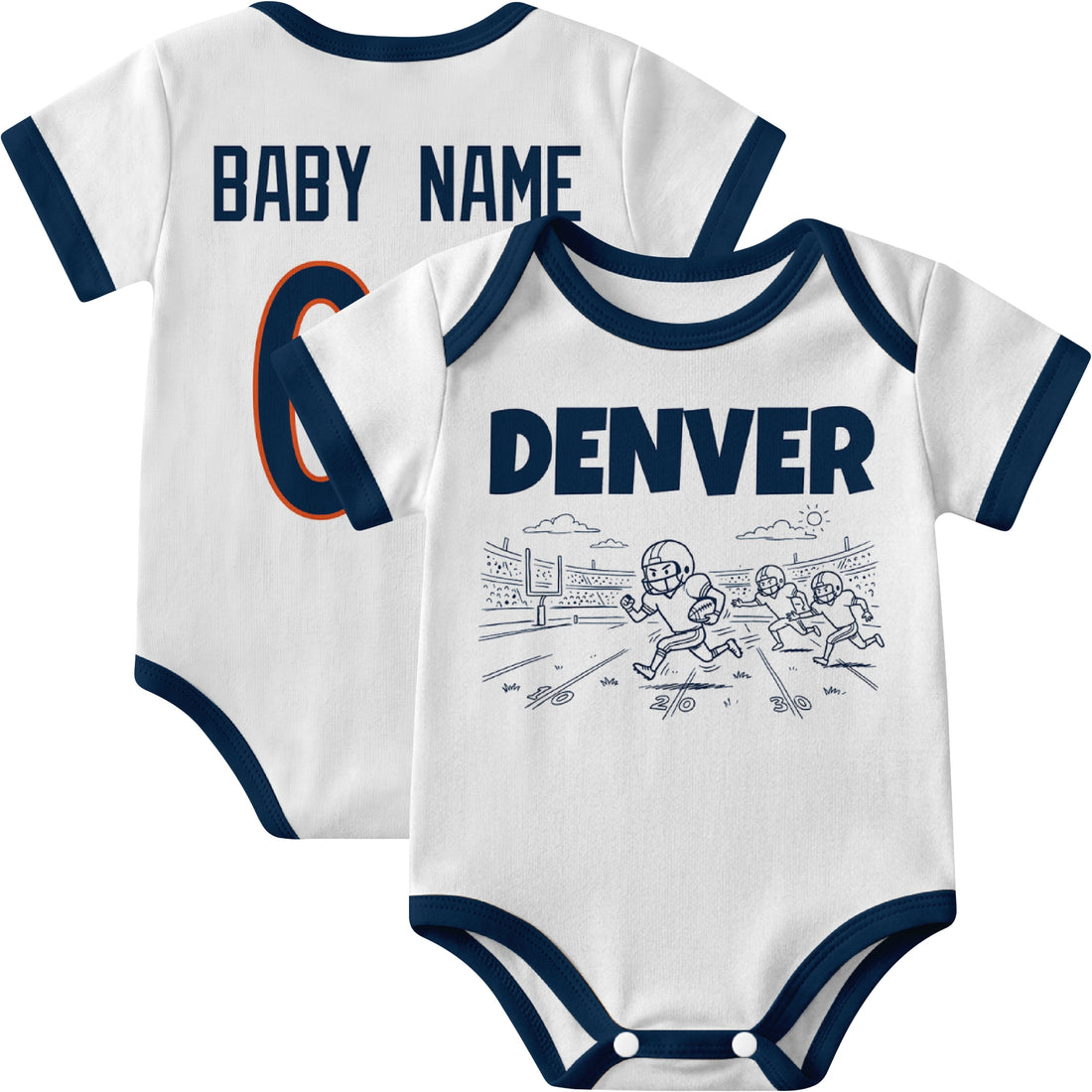 Denver personalized baby football bodysuit in Navy showing front field action scene and back custom baby name and number