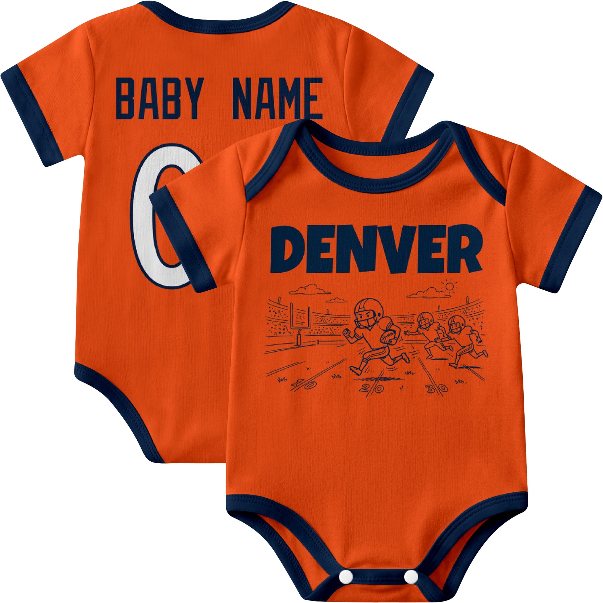 Denver personalized baby football bodysuit in Orange showing front field action scene and back custom baby name and number