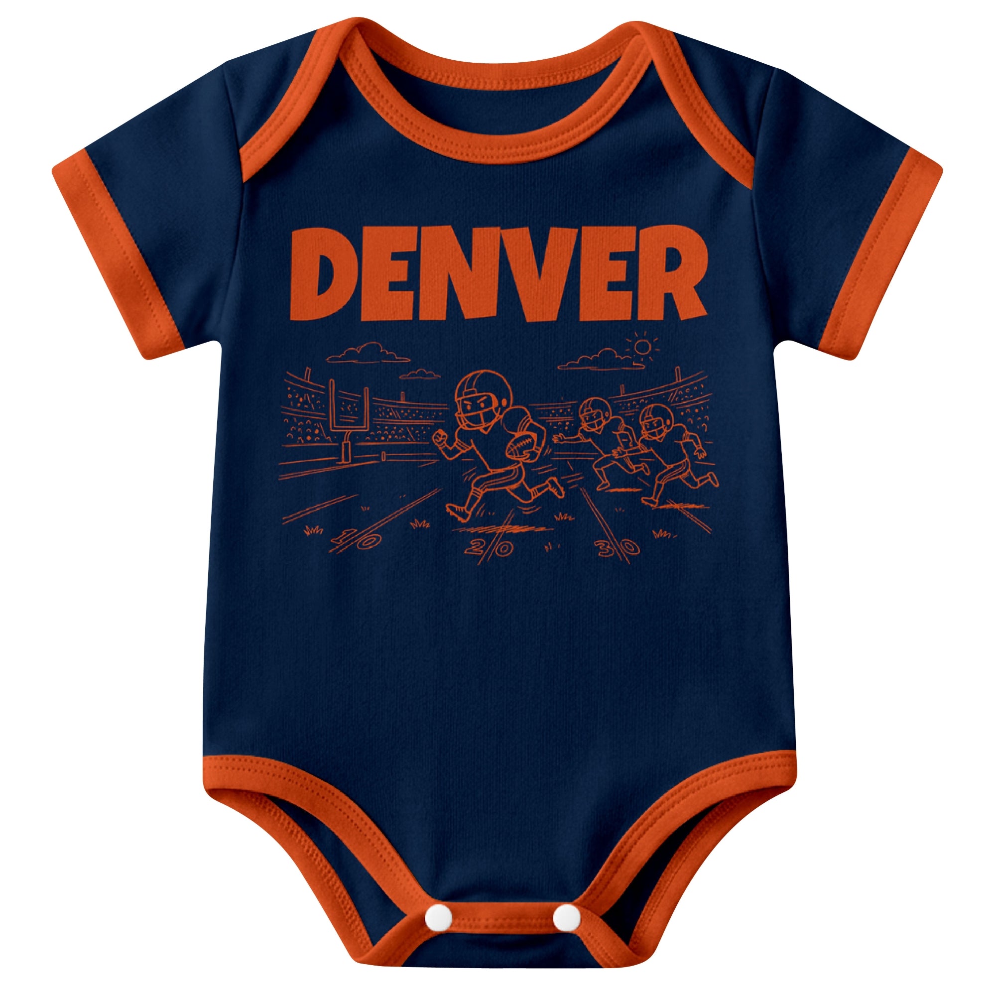 Denver Navy baby football bodysuit front view with city lettering and football field action graphic