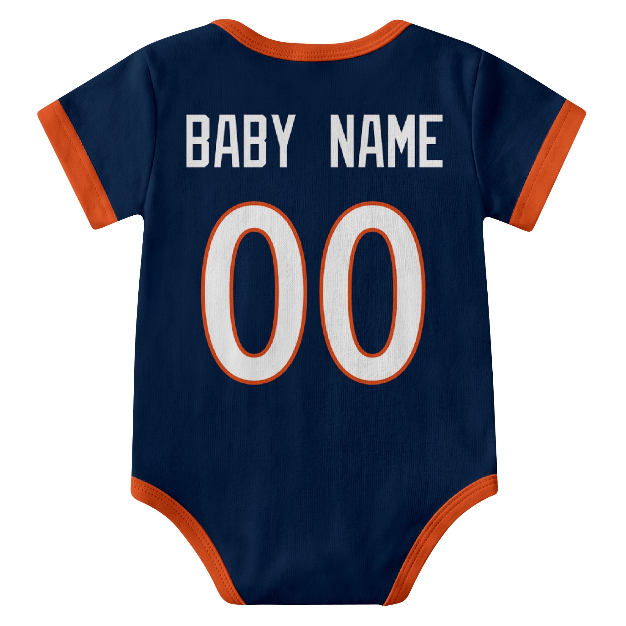 Denver Navy personalized baby football bodysuit back view with custom baby name and jersey number