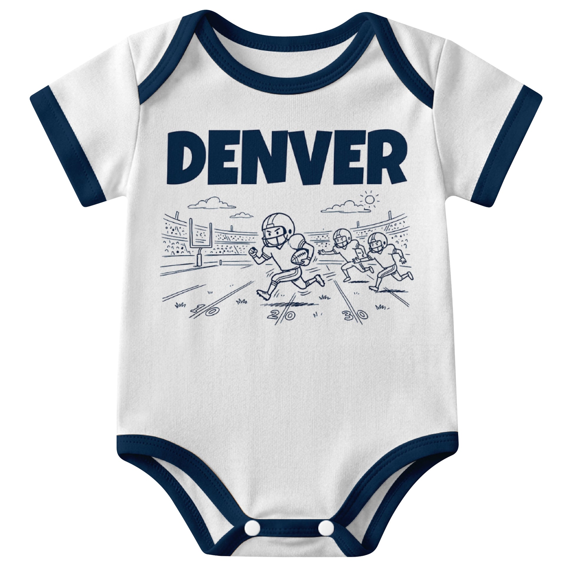 Denver White baby football bodysuit front view with city lettering and football field action graphic