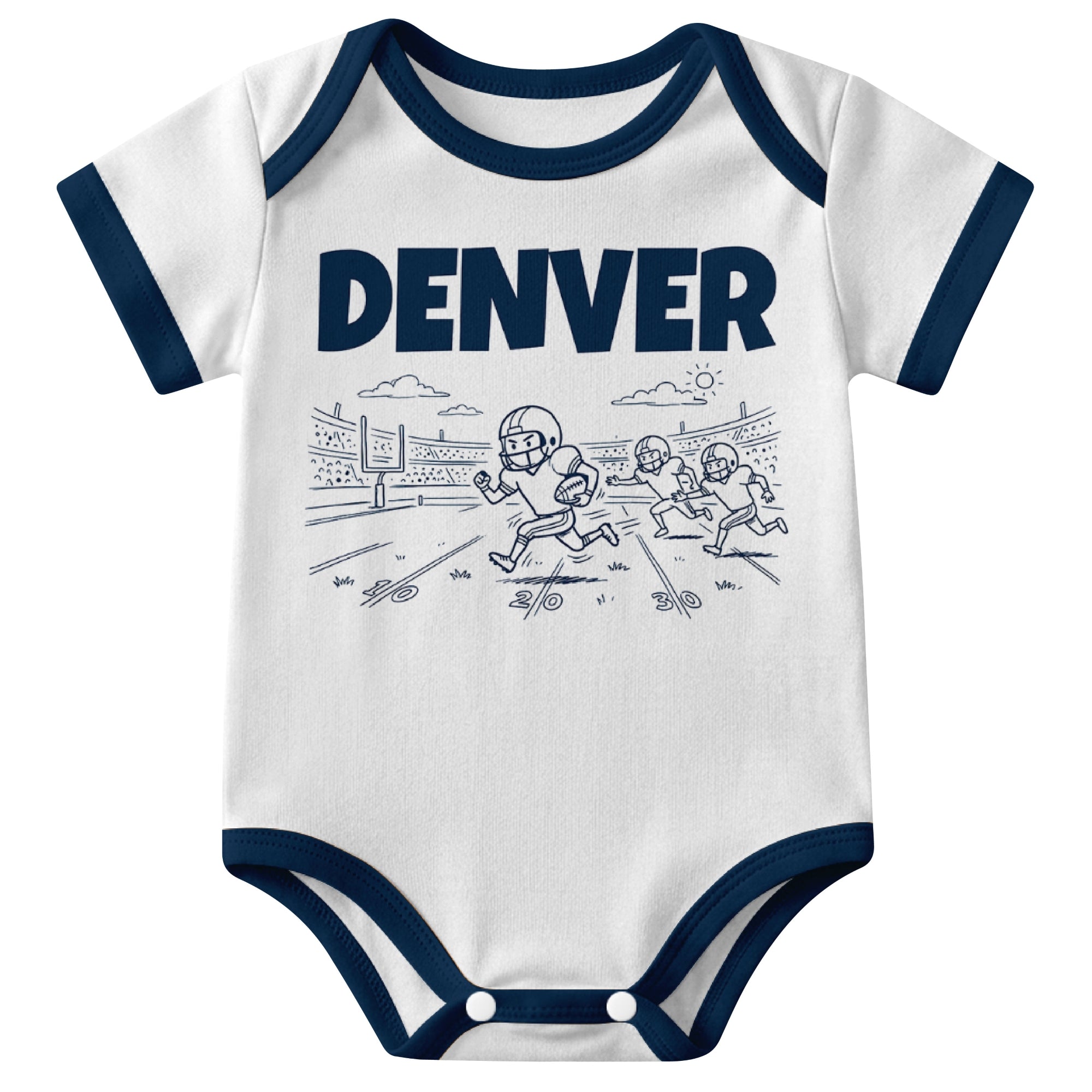 Denver White baby football bodysuit front view with city lettering and football field action graphic