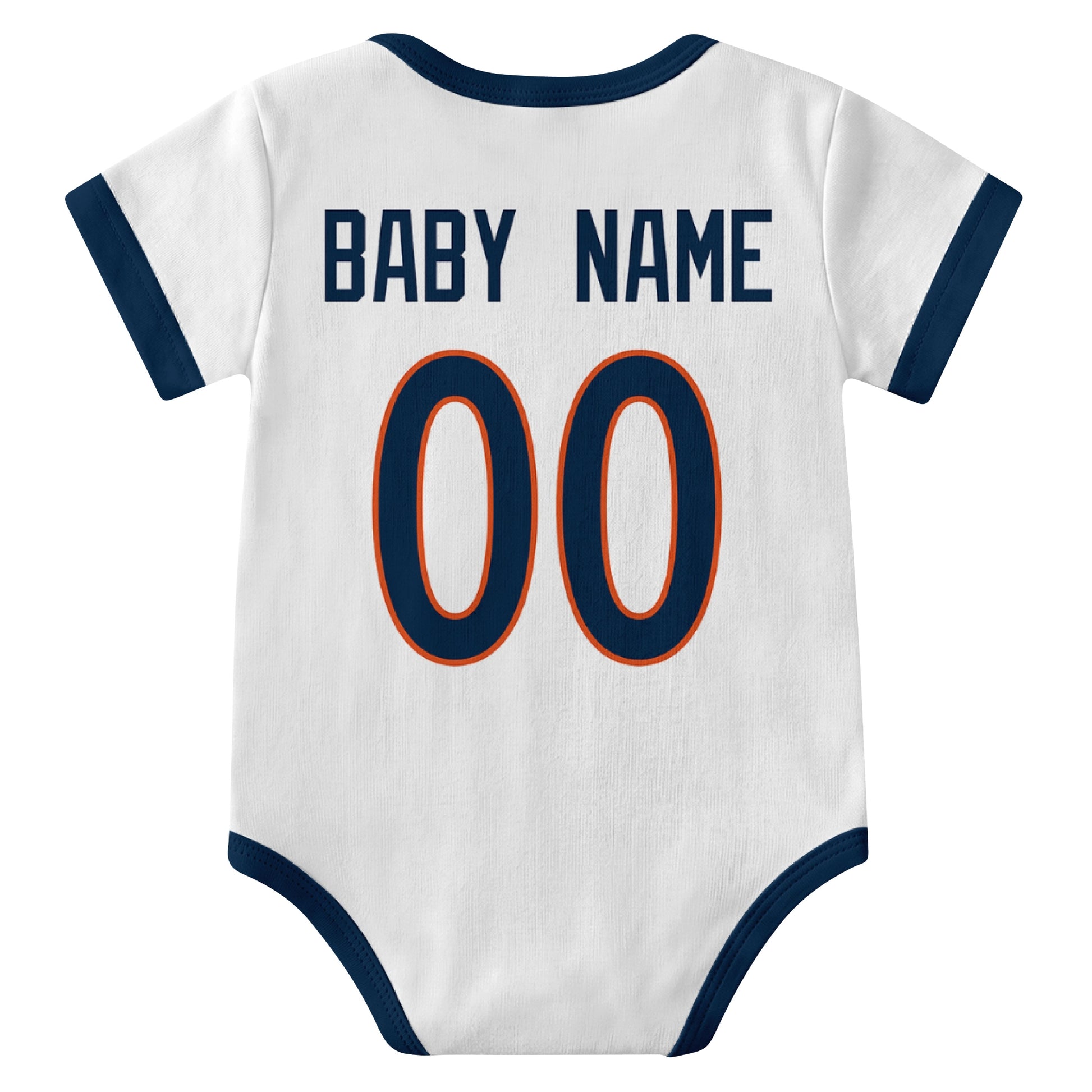 Denver White personalized baby football bodysuit back view with custom baby name and jersey number