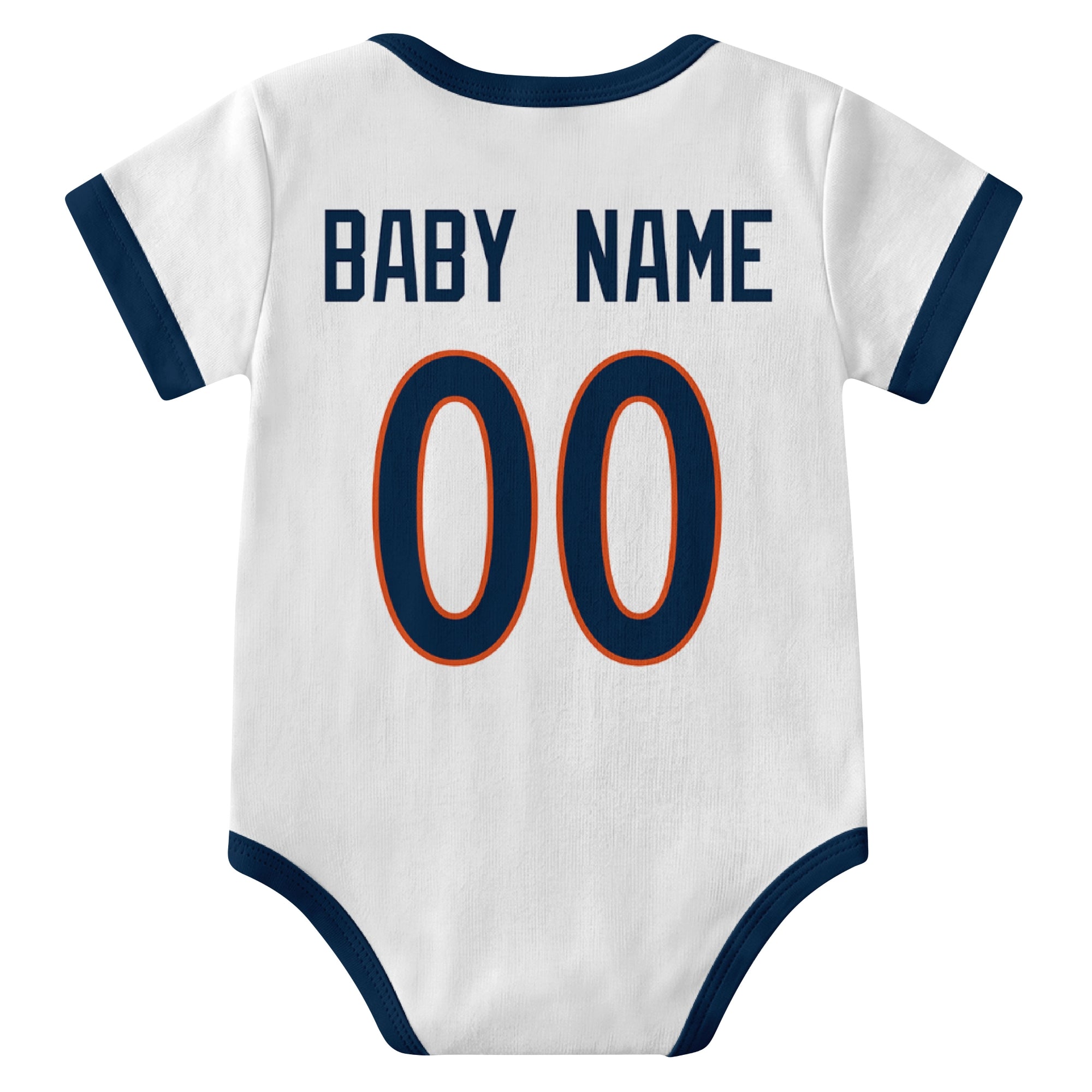 Denver White personalized baby football bodysuit back view with custom baby name and jersey number