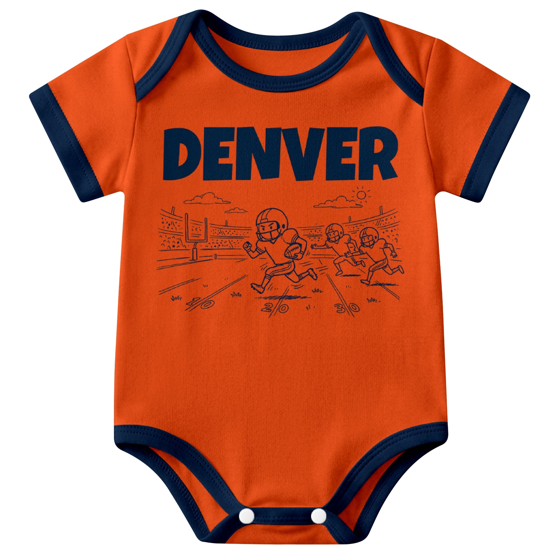 Denver Orange baby football bodysuit front view with city lettering and football field action graphic