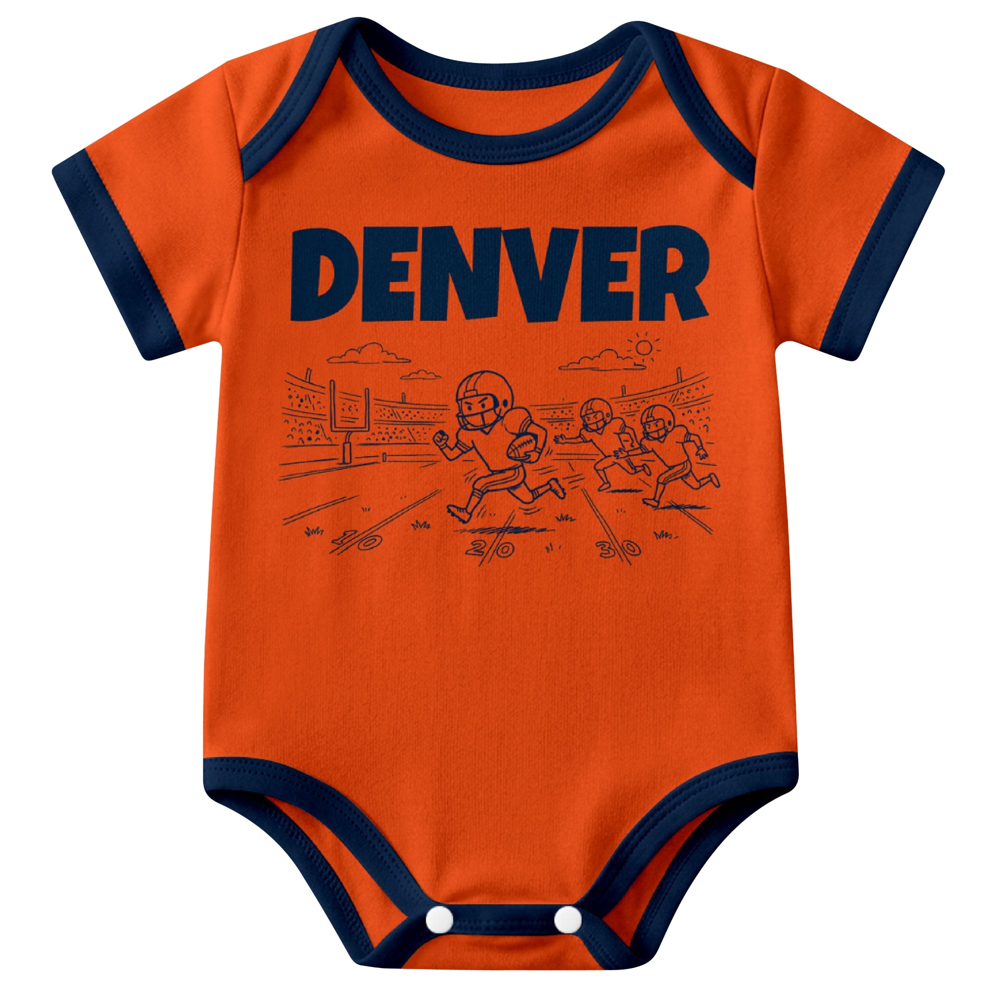 Denver Orange baby football bodysuit front view with city lettering and football field action graphic