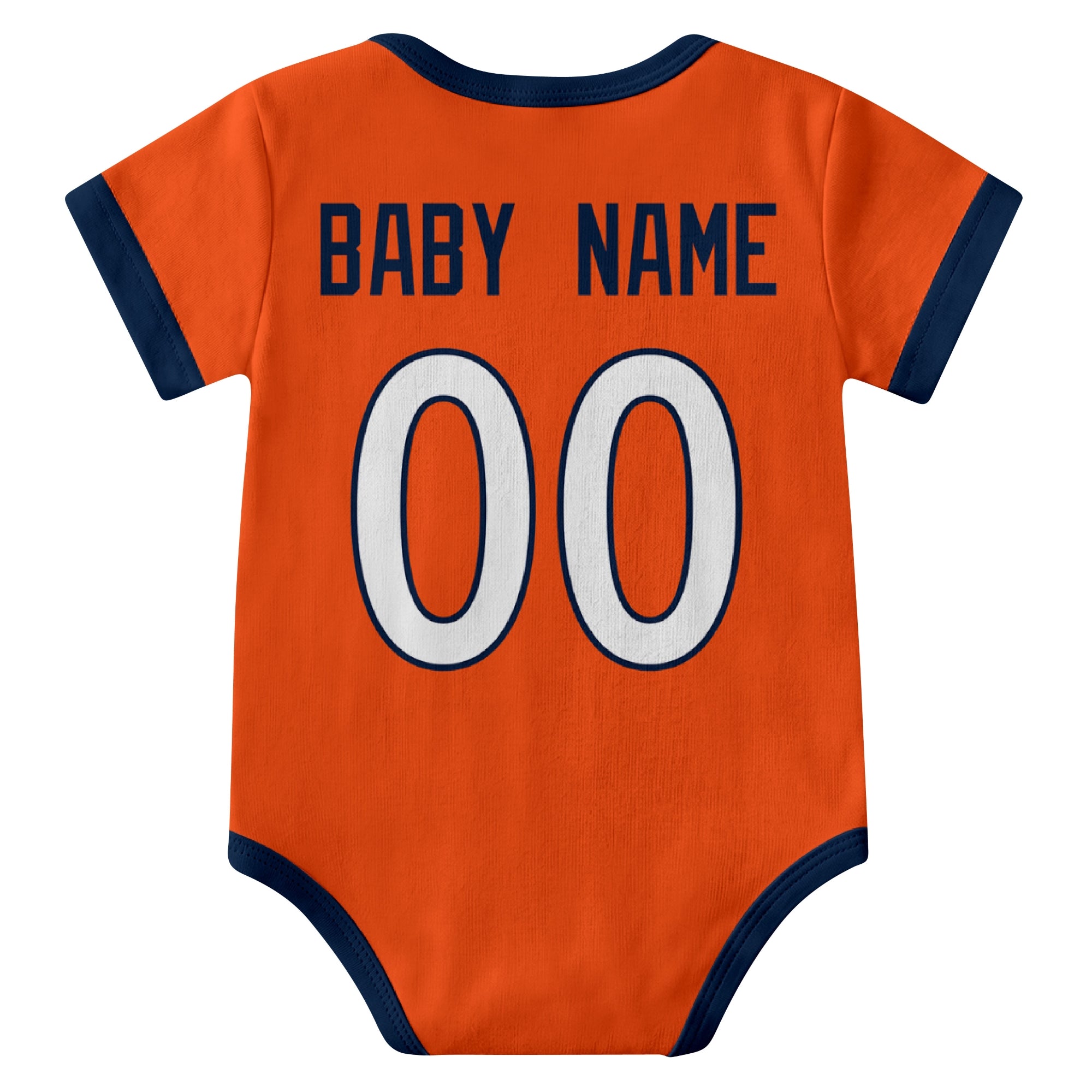 Denver Orange personalized baby football bodysuit back view with custom baby name and jersey number