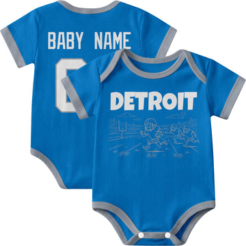Detroit personalized baby football bodysuit in Blue showing front field action scene and back custom baby name and number