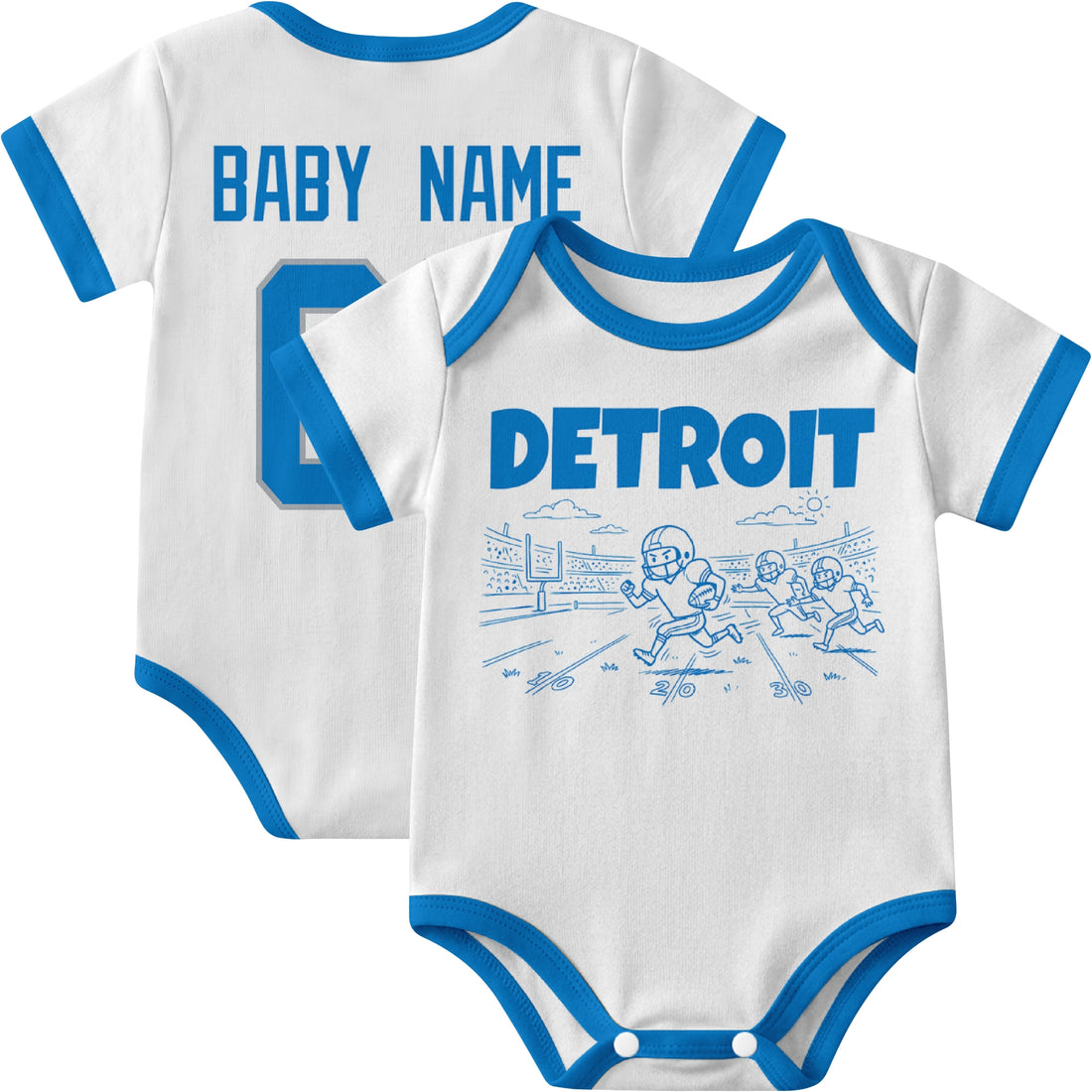 Detroit personalized baby football bodysuit in Blue showing front field action scene and back custom baby name and number