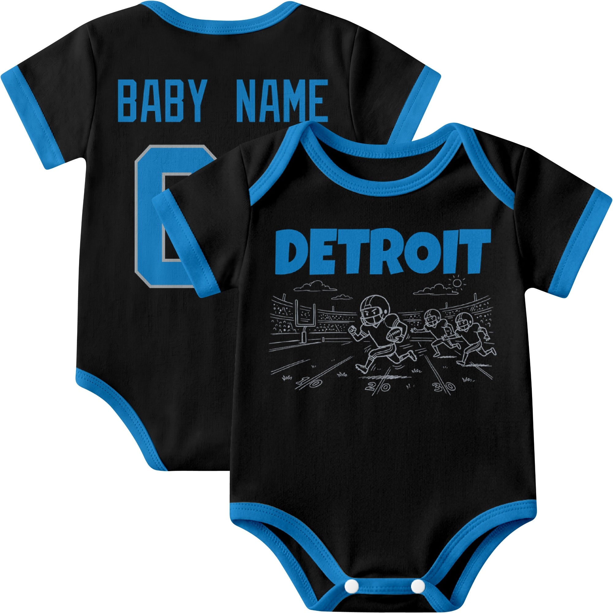 Detroit personalized baby football bodysuit in Black showing front field action scene and back custom baby name and number