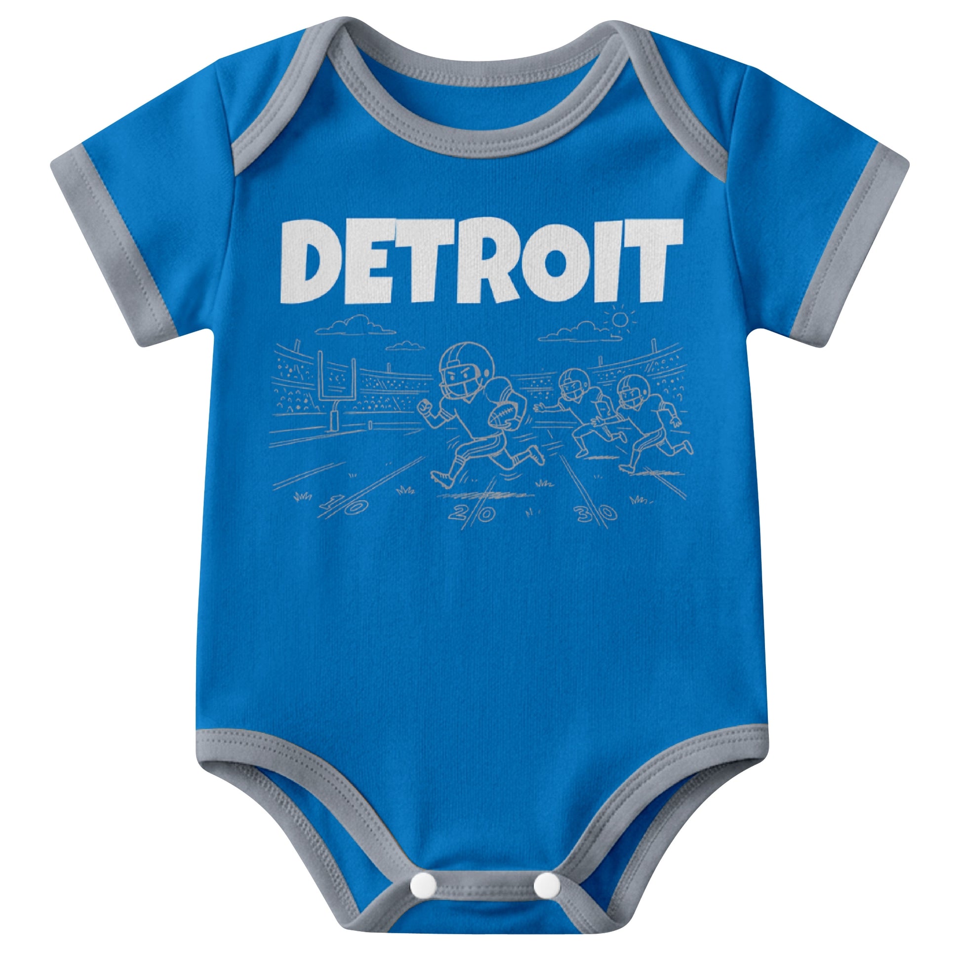 Detroit Blue baby football bodysuit front view with city lettering and football field action graphic