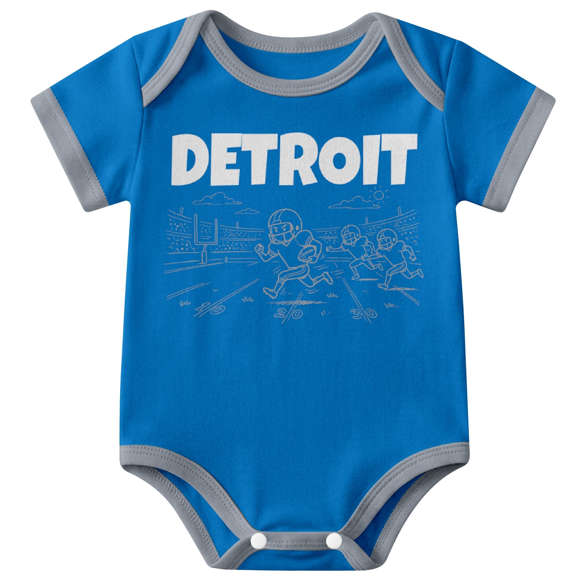 Detroit Blue baby football bodysuit front view with city lettering and football field action graphic