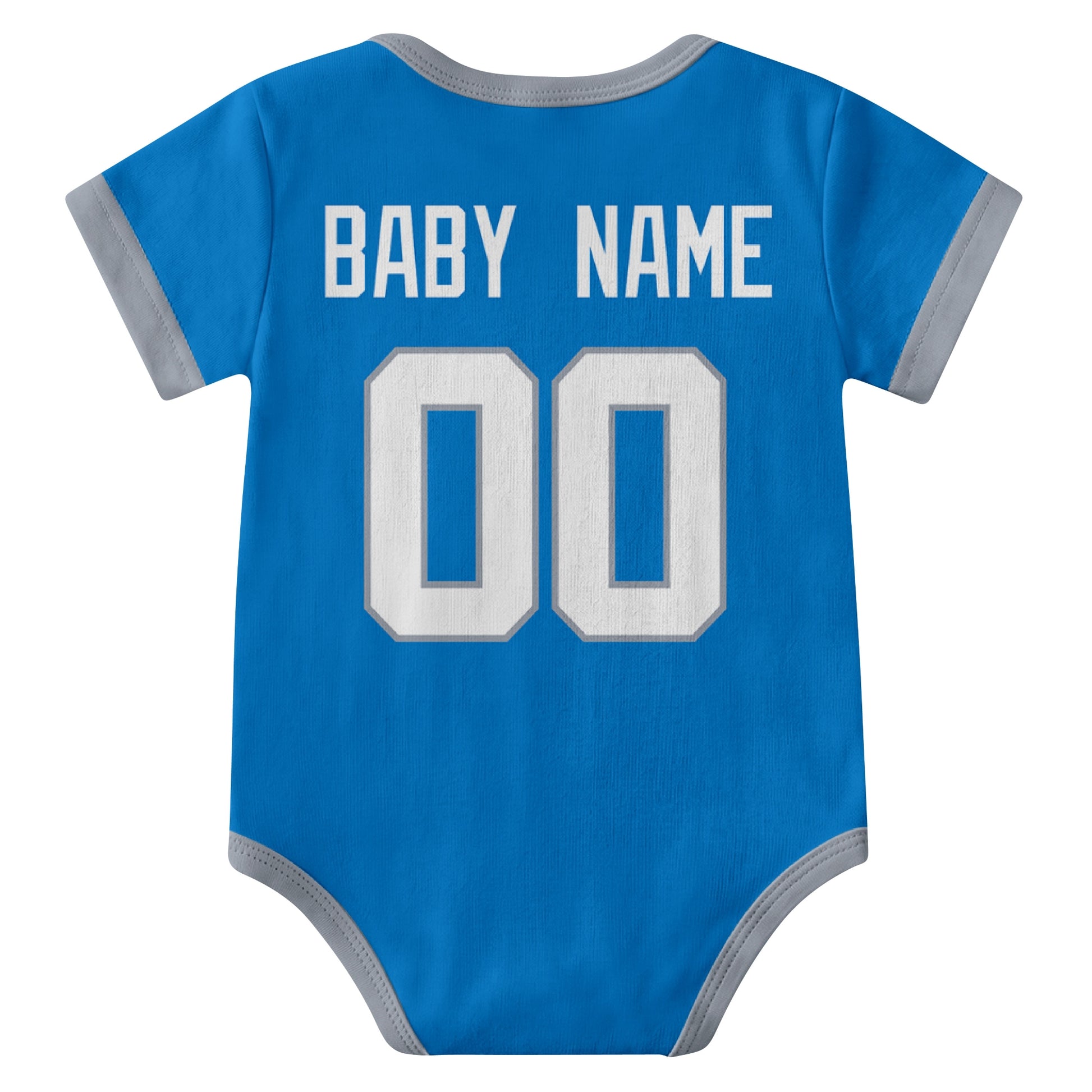 Detroit Blue personalized baby football bodysuit back view with custom baby name and jersey number