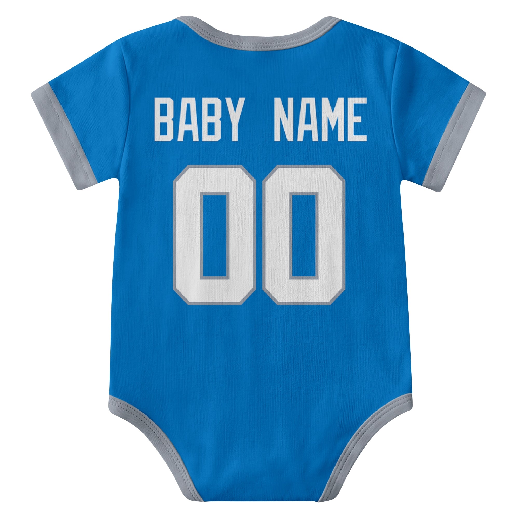 Detroit Blue personalized baby football bodysuit back view with custom baby name and jersey number