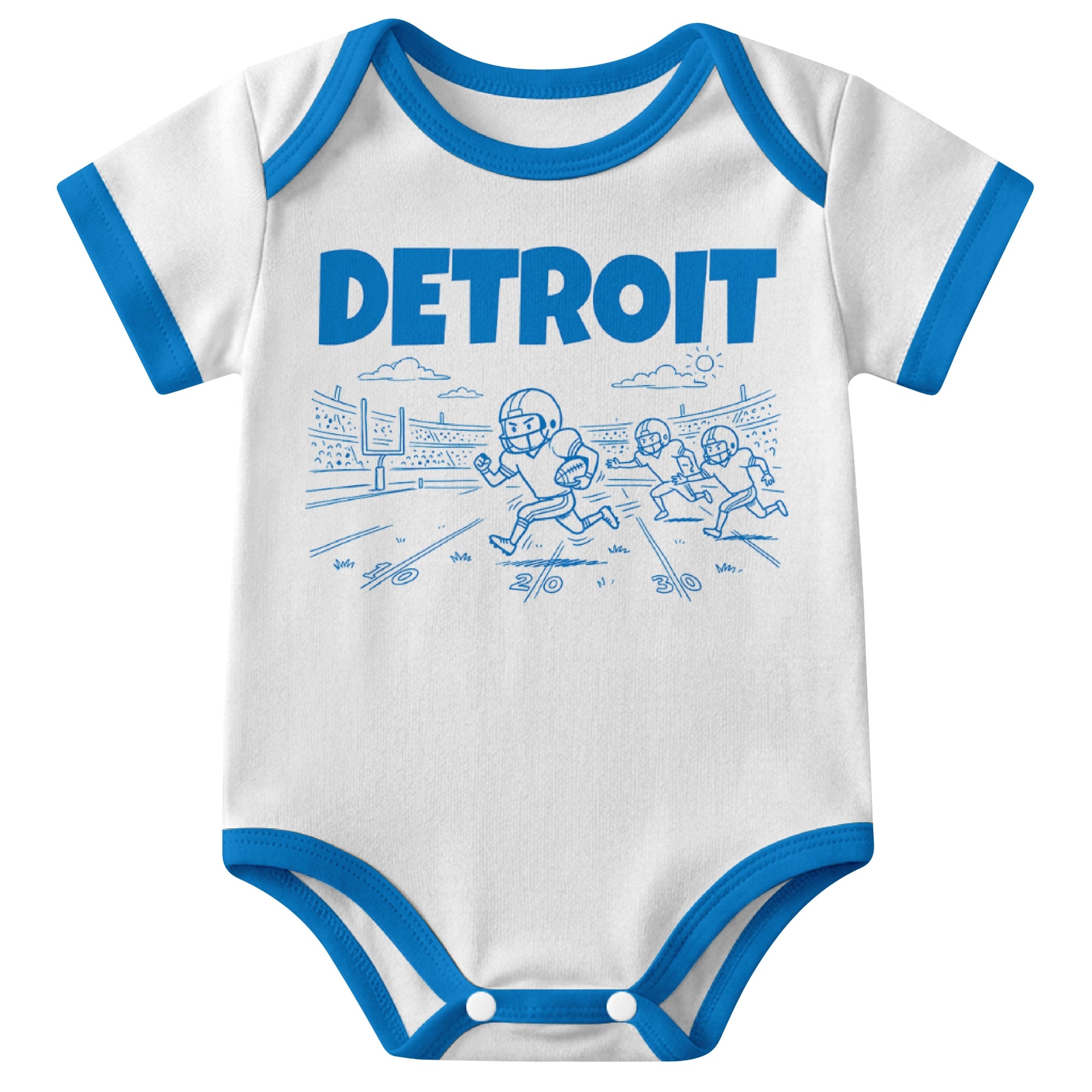 Detroit White baby football bodysuit front view with city lettering and football field action graphic