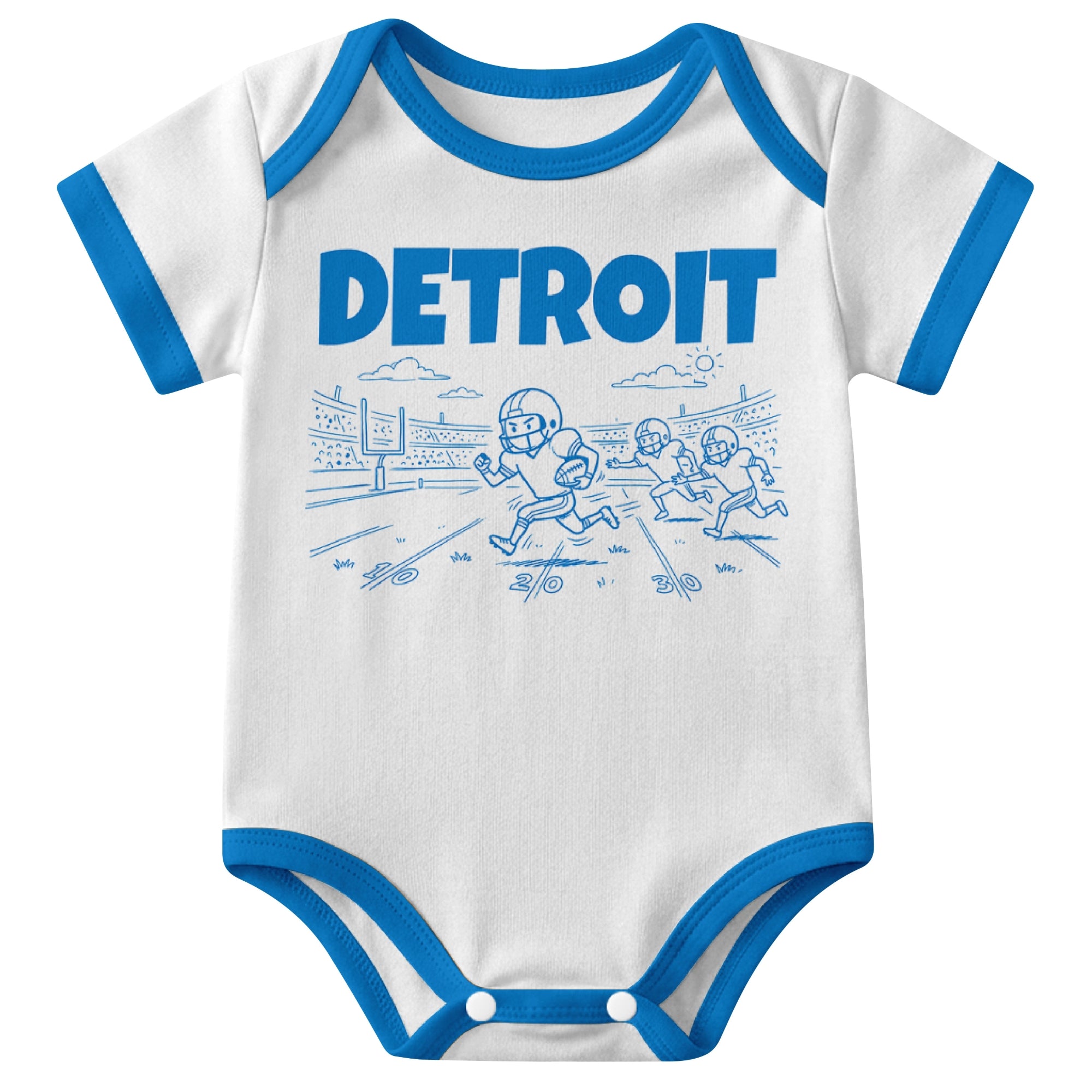 Detroit White baby football bodysuit front view with city lettering and football field action graphic