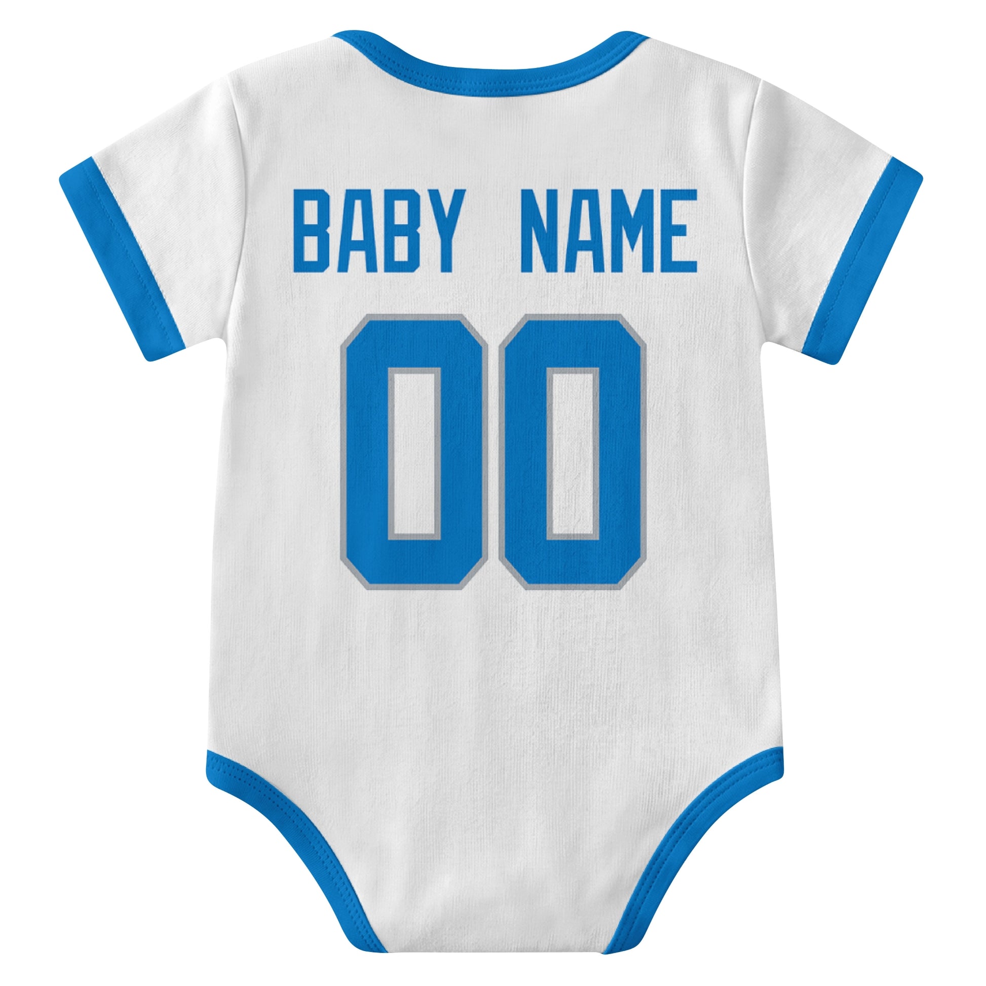 Detroit White personalized baby football bodysuit back view with custom baby name and jersey number