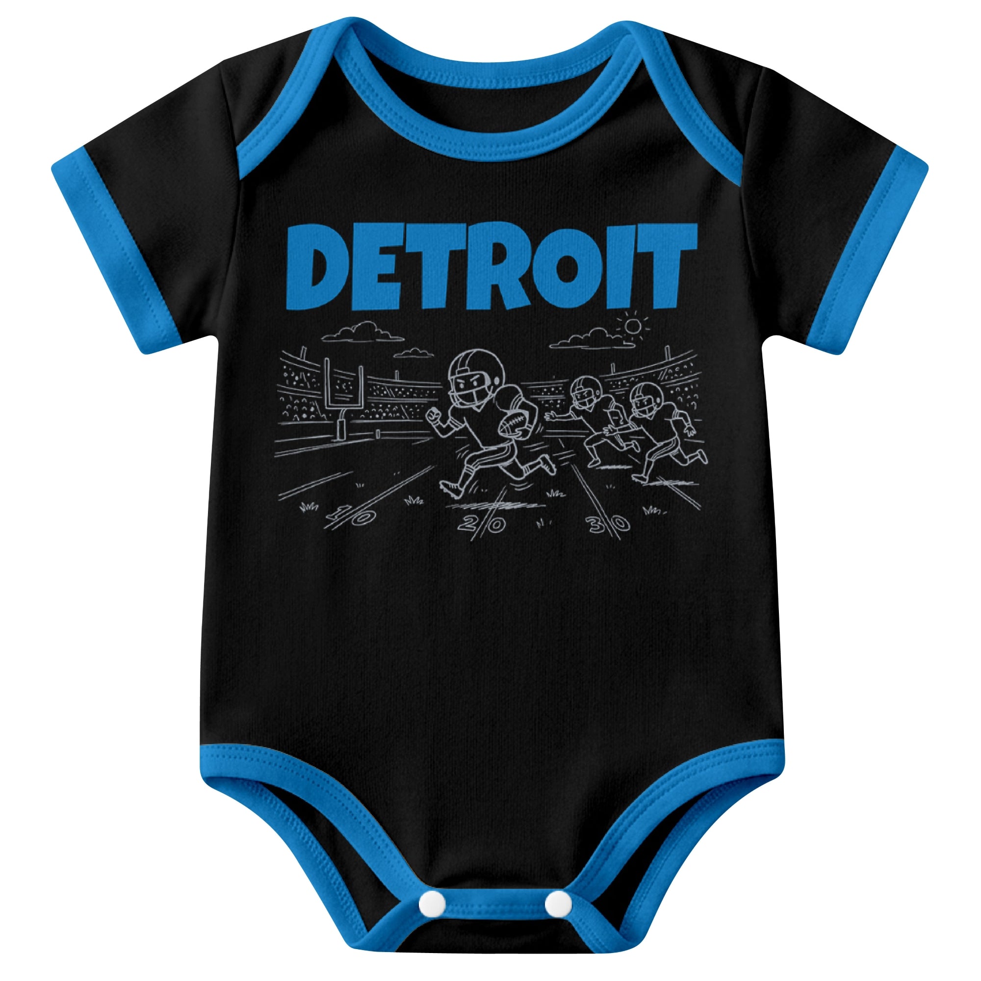 Detroit Black baby football bodysuit front view with city lettering and football field action graphic