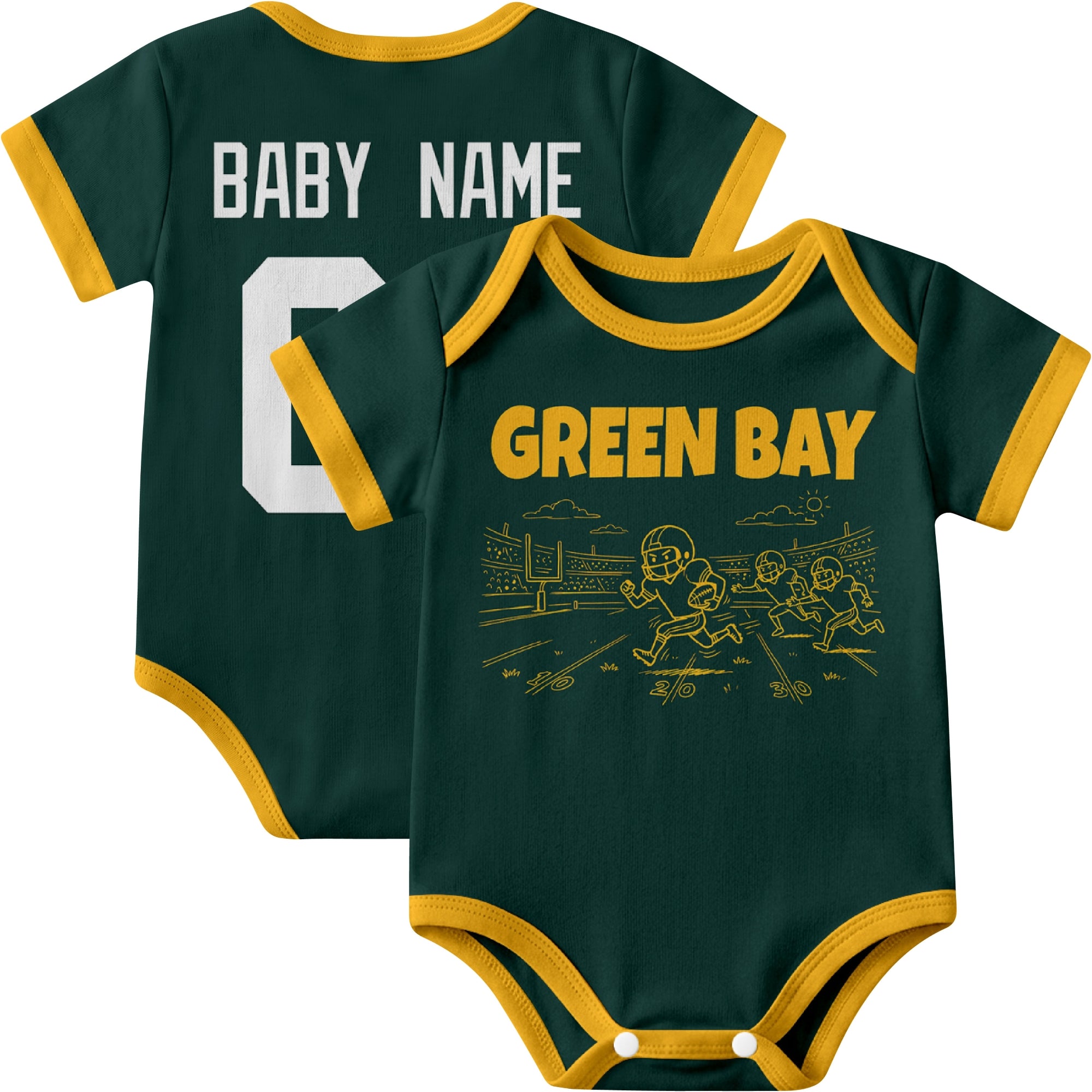Green Bay personalized baby football bodysuit in Green showing front field action scene and back custom baby name and number