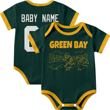 Green Bay personalized baby football bodysuit in Green showing front field action scene and back custom baby name and number
