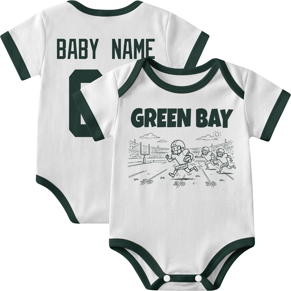 Green Bay personalized baby football bodysuit in Green showing front field action scene and back custom baby name and number