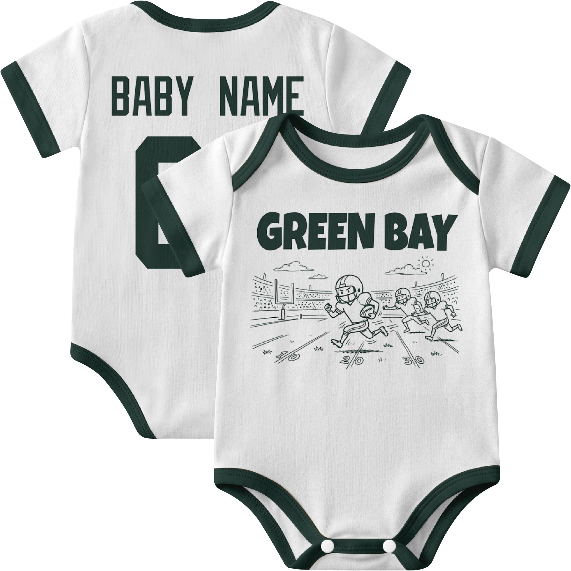 Green Bay personalized baby football bodysuit in White showing front field action scene and back custom baby name and number