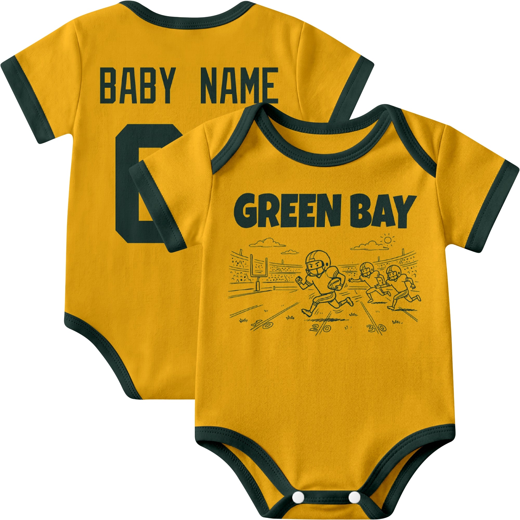 Green Bay personalized baby football bodysuit in Gold showing front field action scene and back custom baby name and number