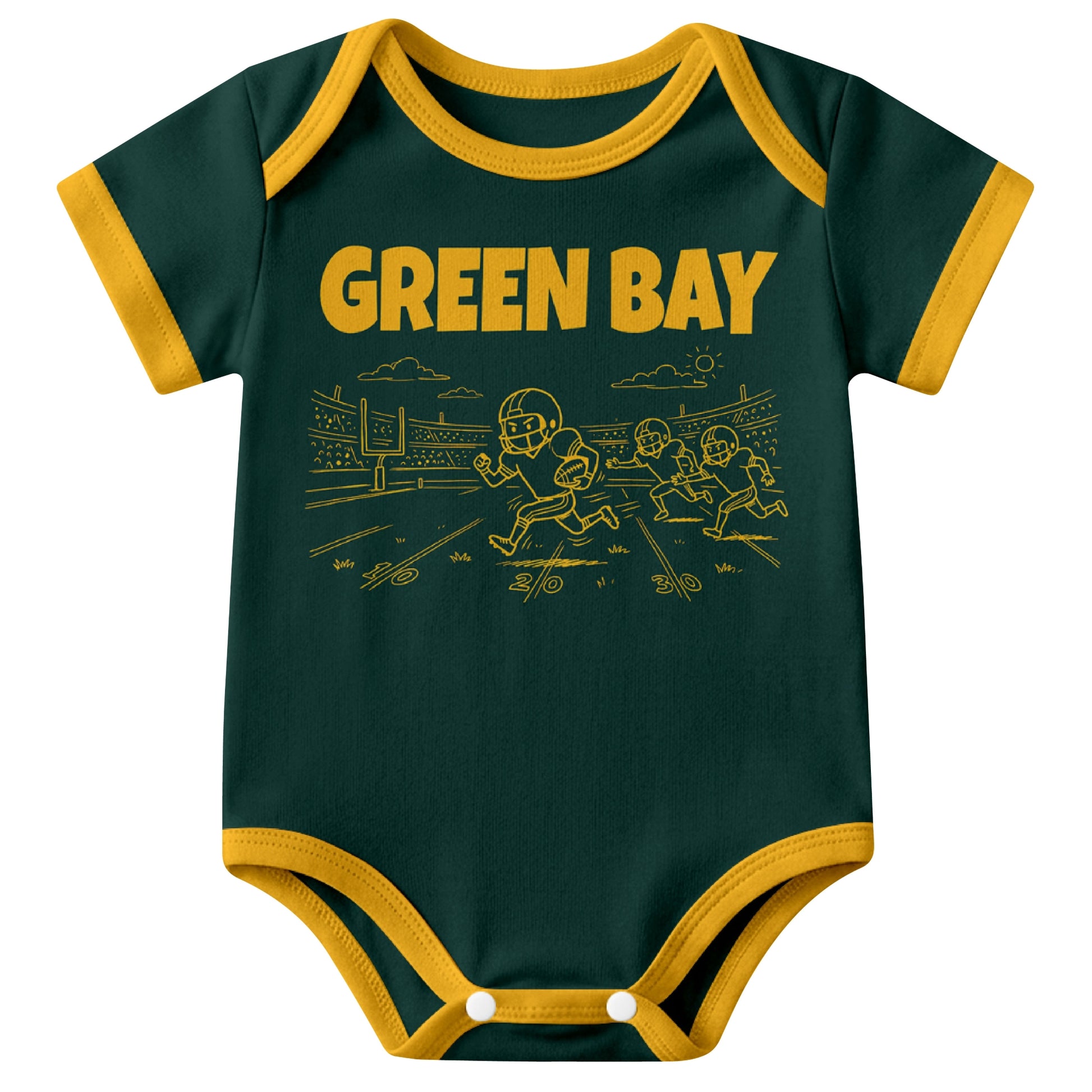 Green Bay Green baby football bodysuit front view with city lettering and football field action graphic