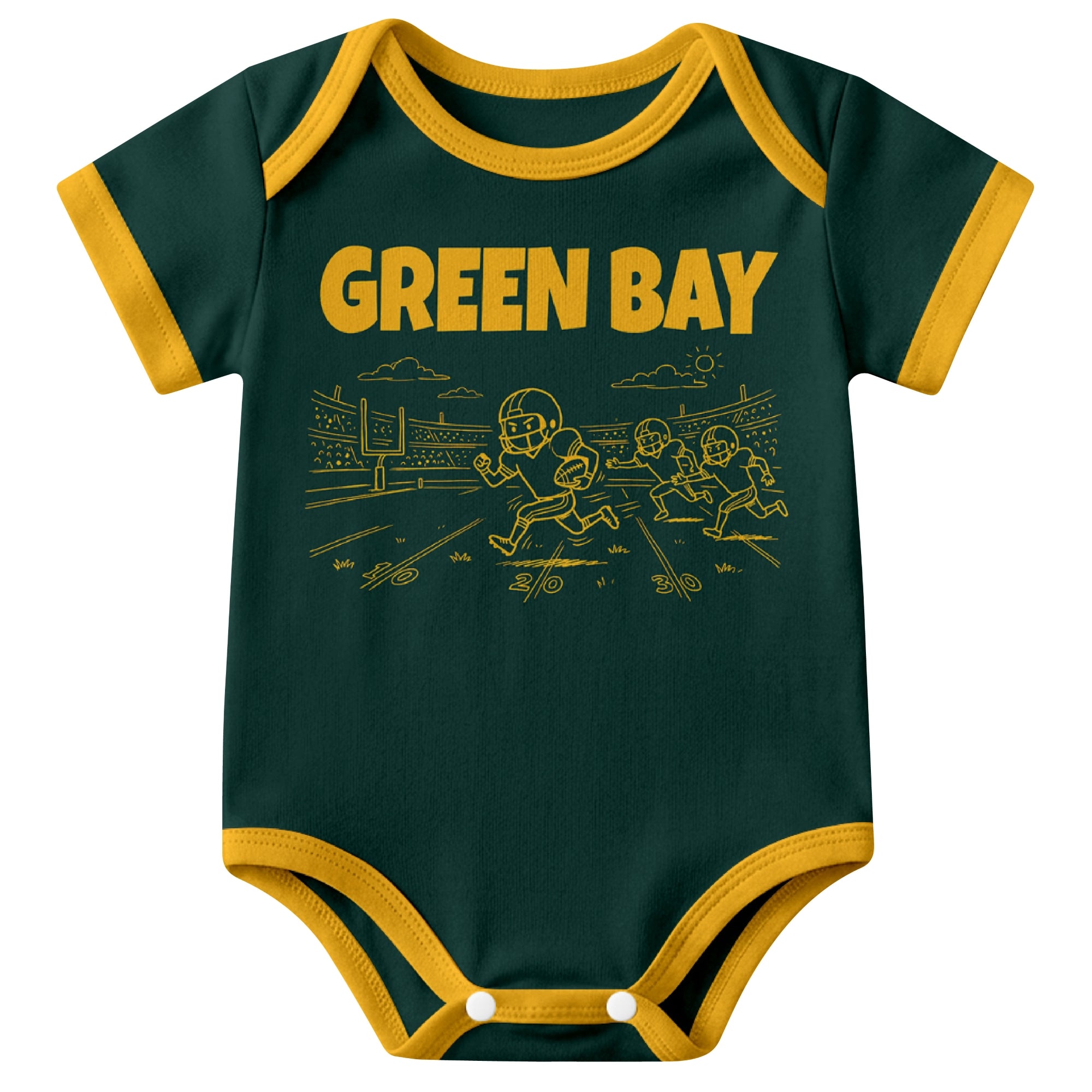 Green Bay Green baby football bodysuit front view with city lettering and football field action graphic