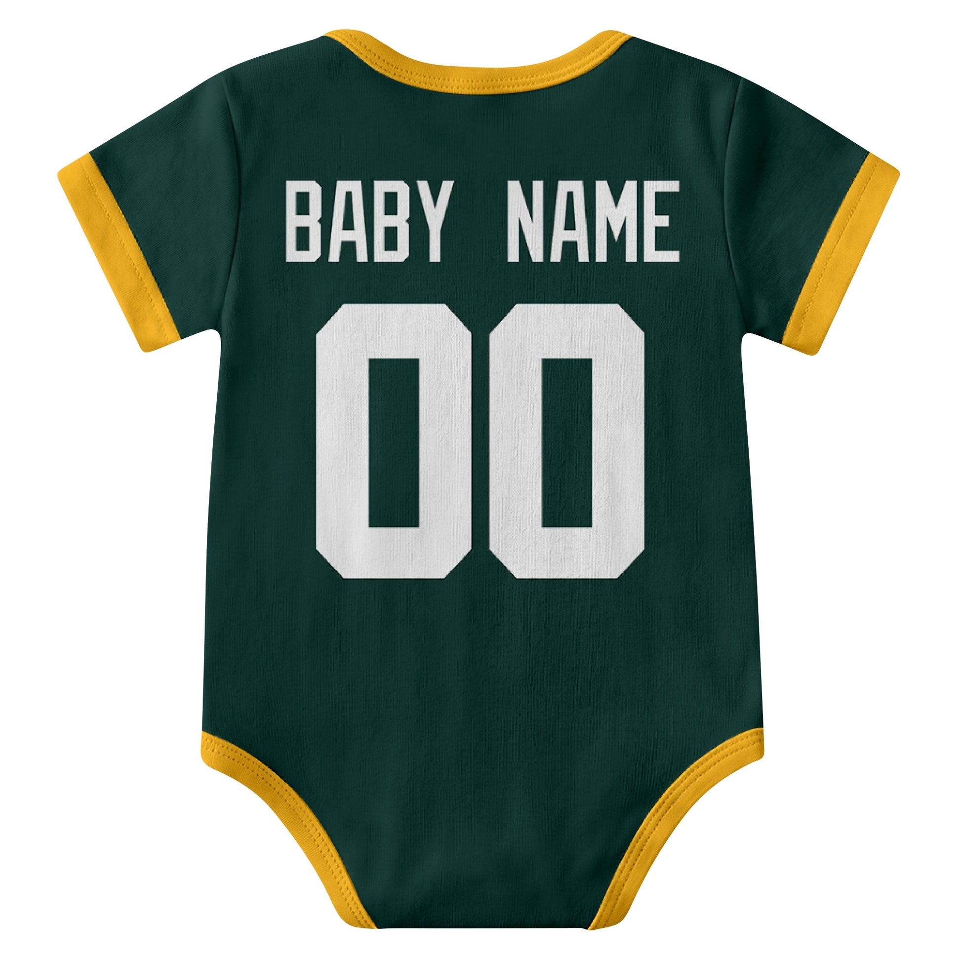 Green Bay Green personalized baby football bodysuit back view with custom baby name and jersey number