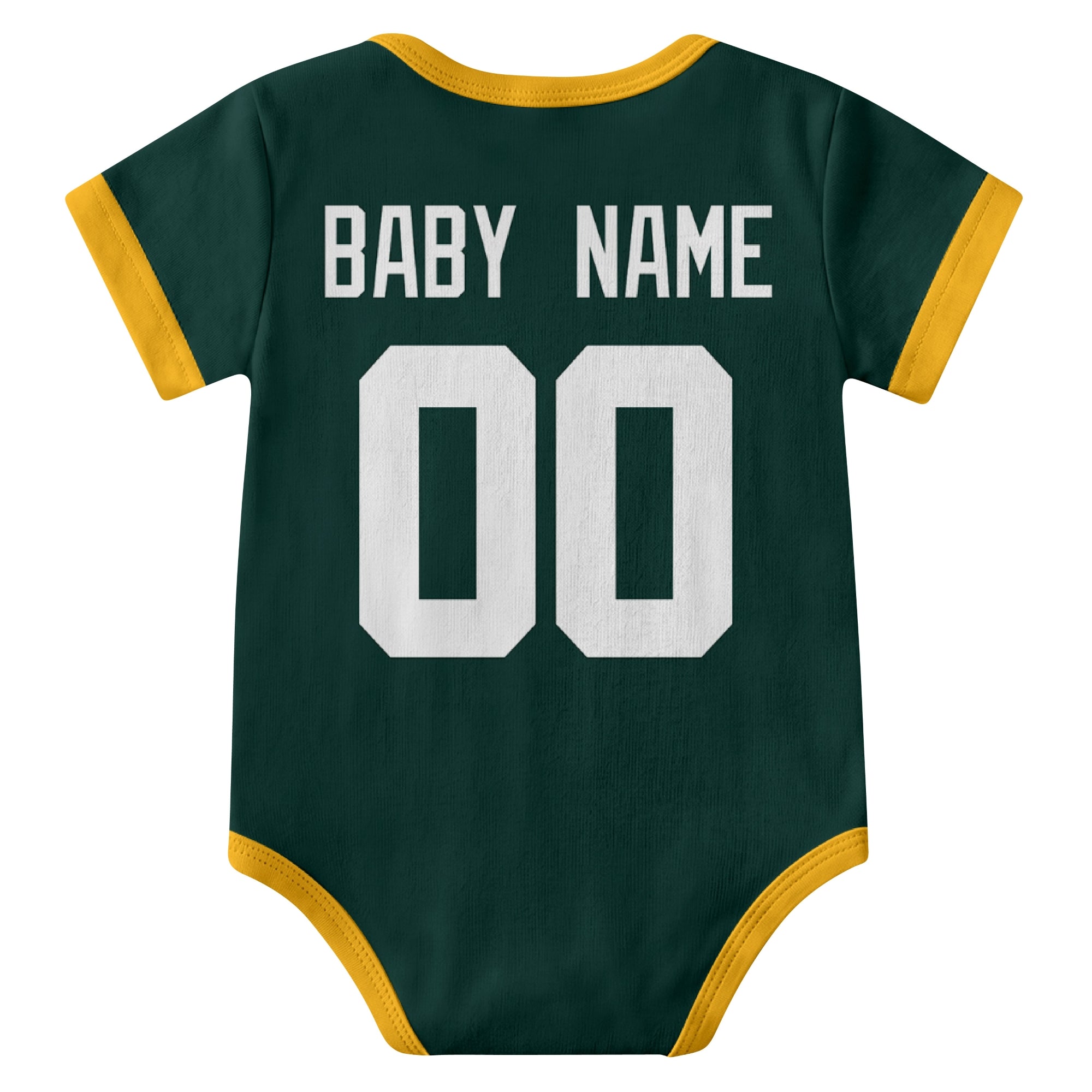 Green Bay Green personalized baby football bodysuit back view with custom baby name and jersey number