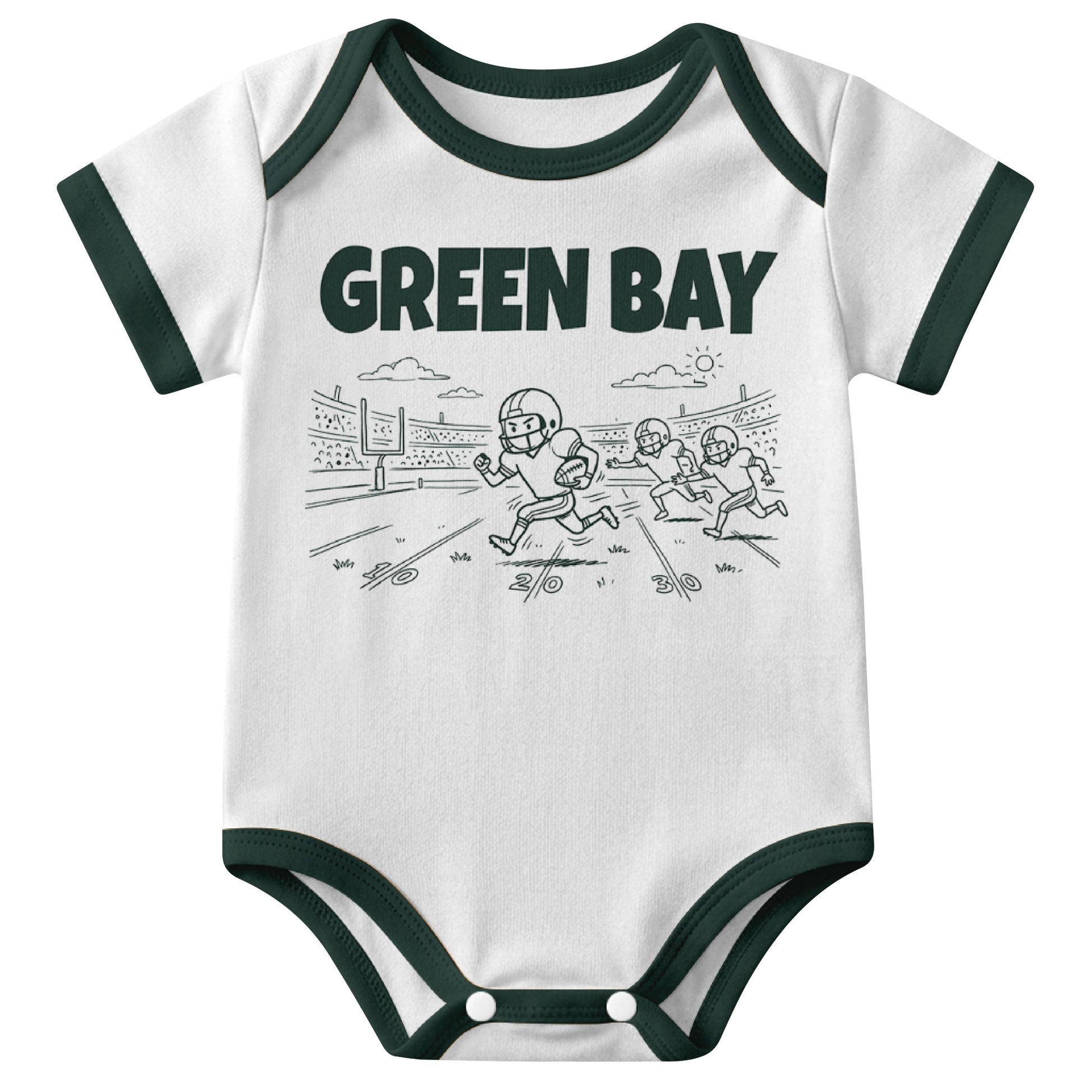 Green Bay White baby football bodysuit front view with city lettering and football field action graphic