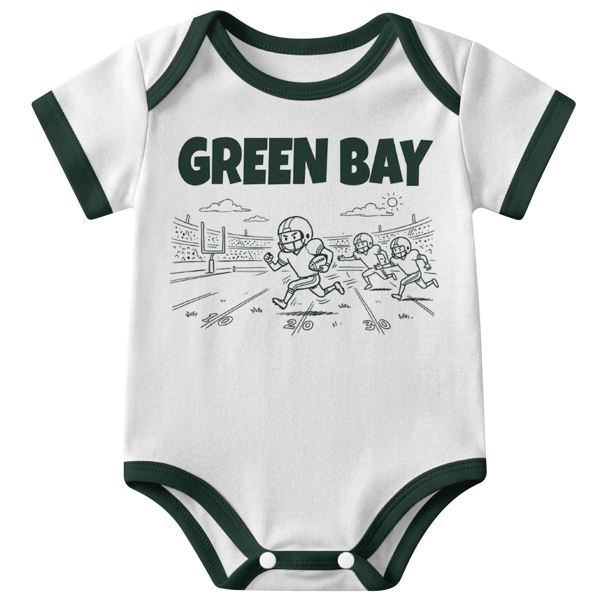 Green Bay White baby football bodysuit front view with city lettering and football field action graphic